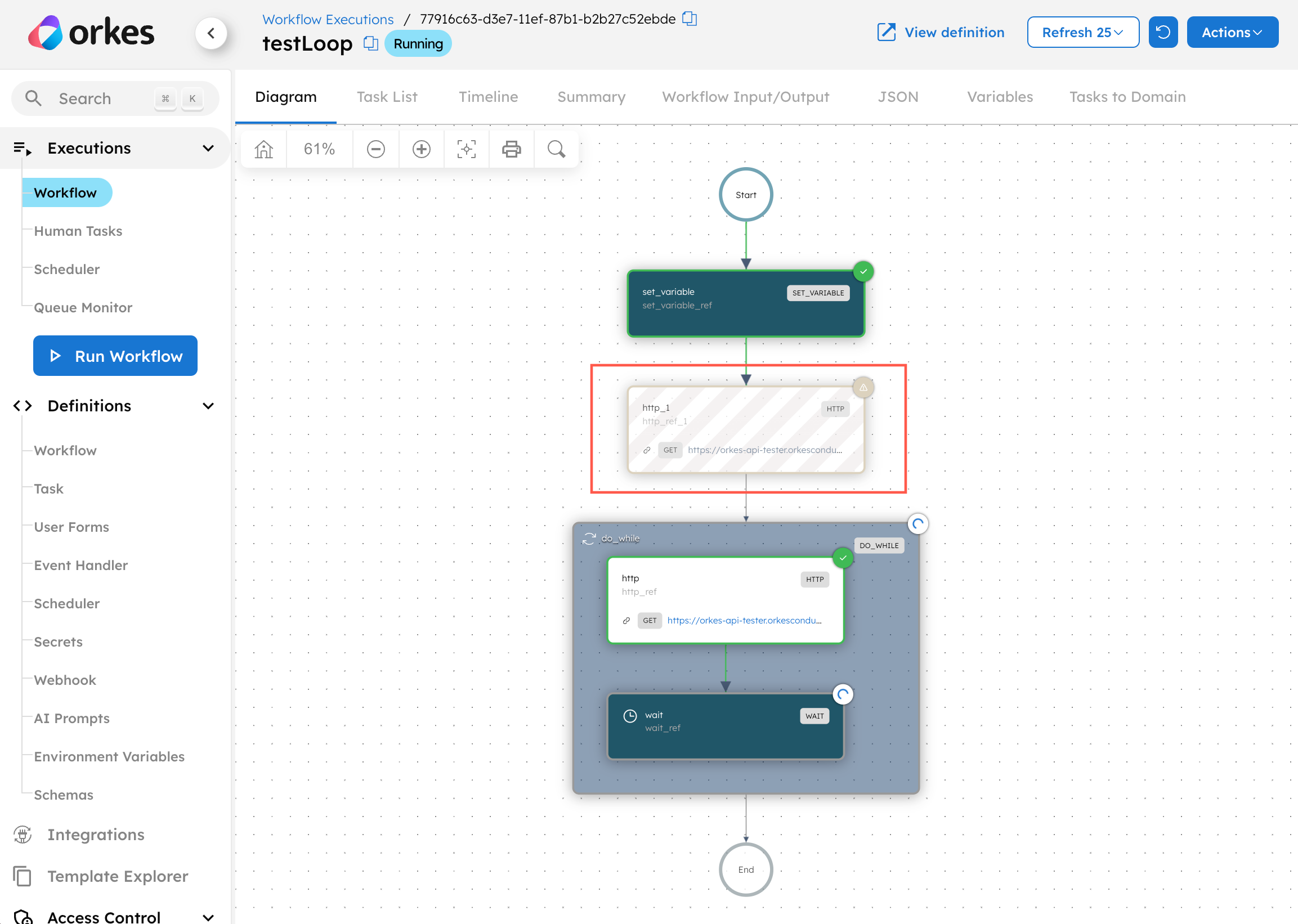 Screenshot of Conductor UI showing the skipped tasks in the upgraded workflow execution.