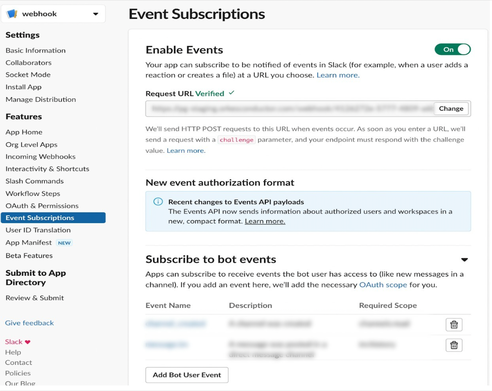 Enabling events for connecting webhook with Slack app