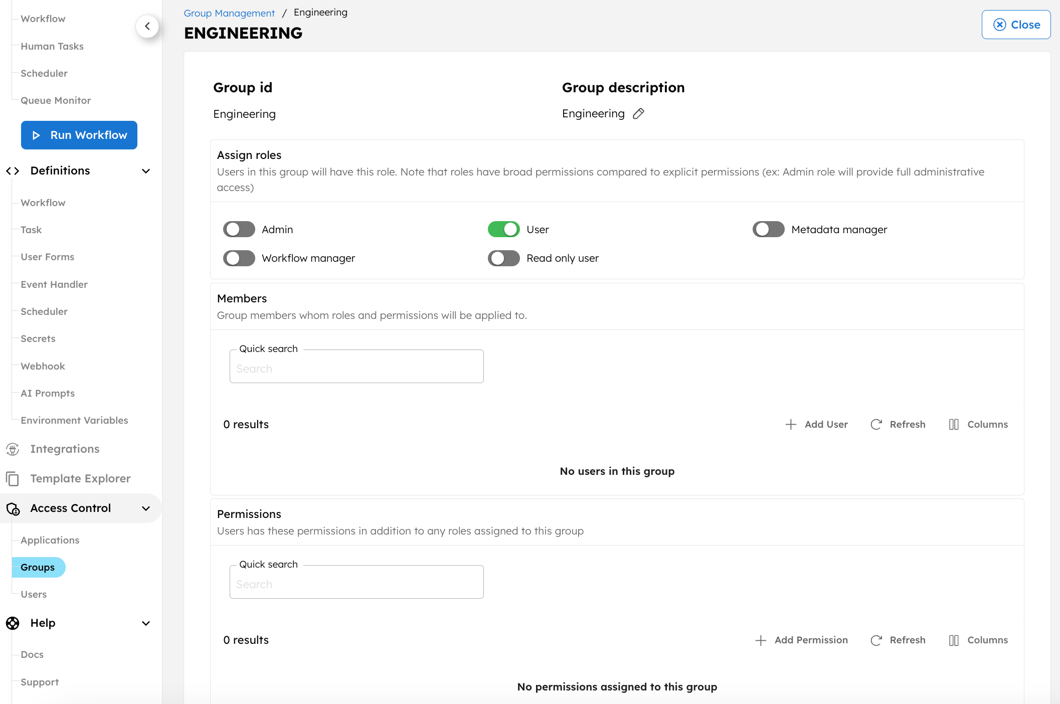 Group configuration screen in Orkes Platform.