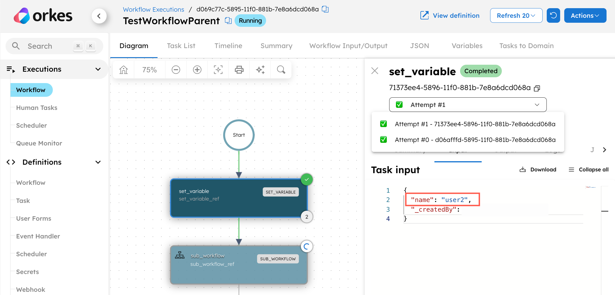 Conductor UI showing workflow in RUNNING state with the updated task input user2.