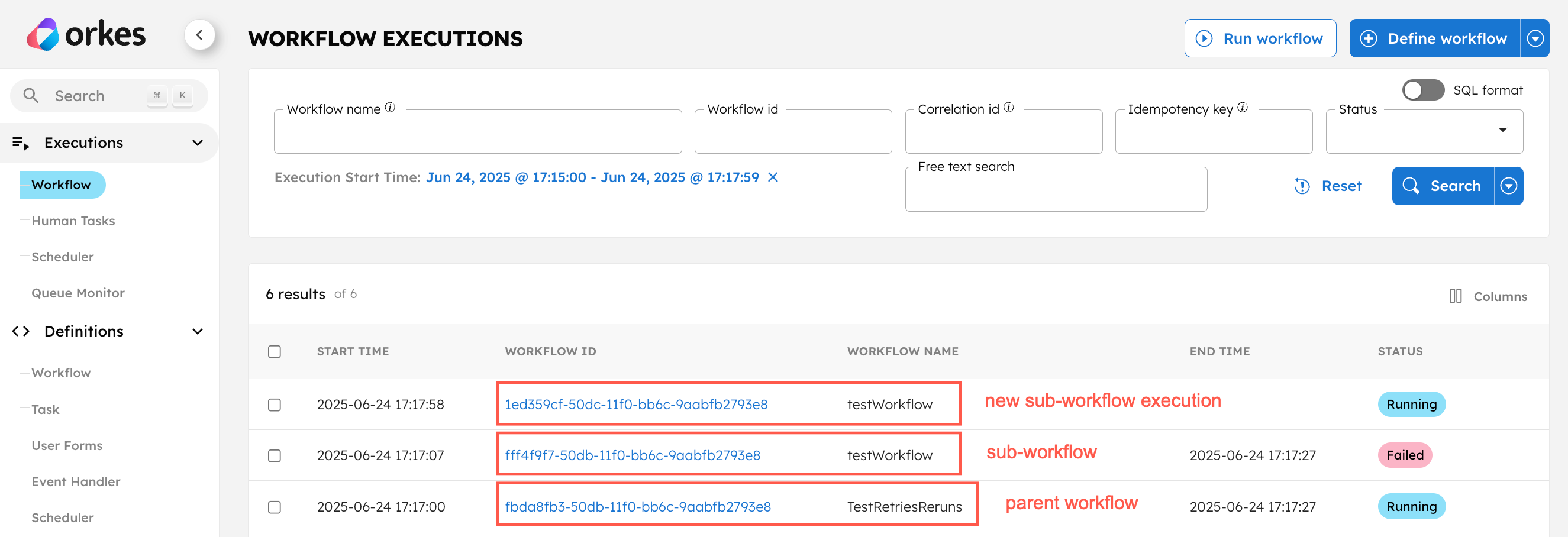 Conductor UI showing parent workflow in RUNNING state and a new sub-workflow instance.