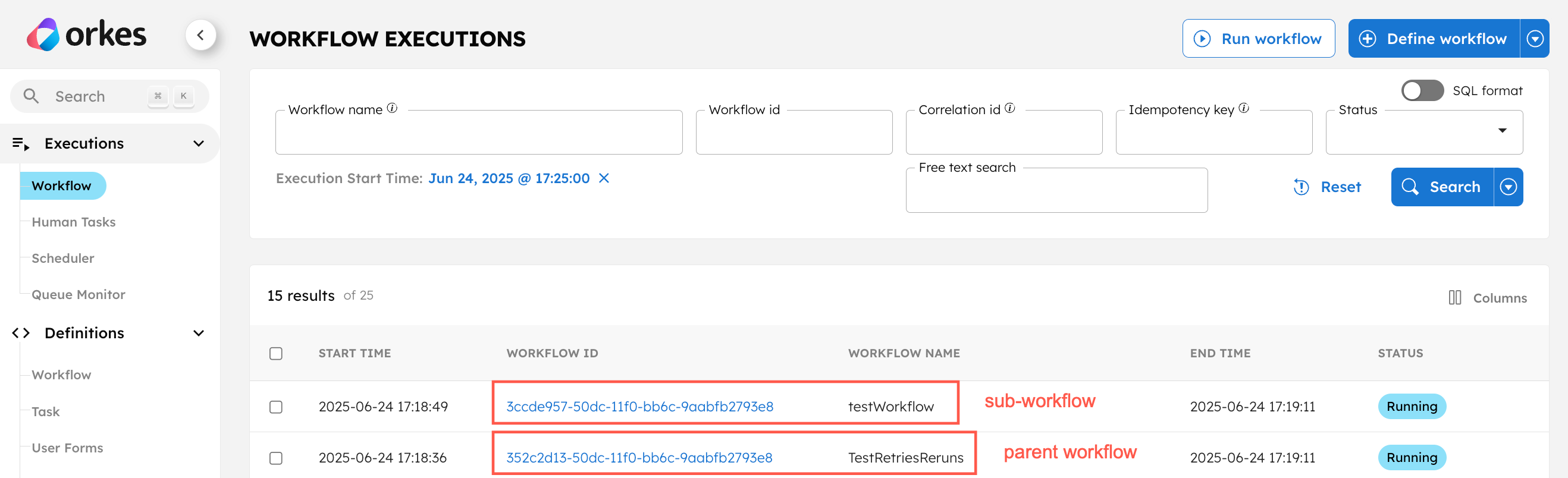 Conductor UI showing both workflows in RUNNING state.