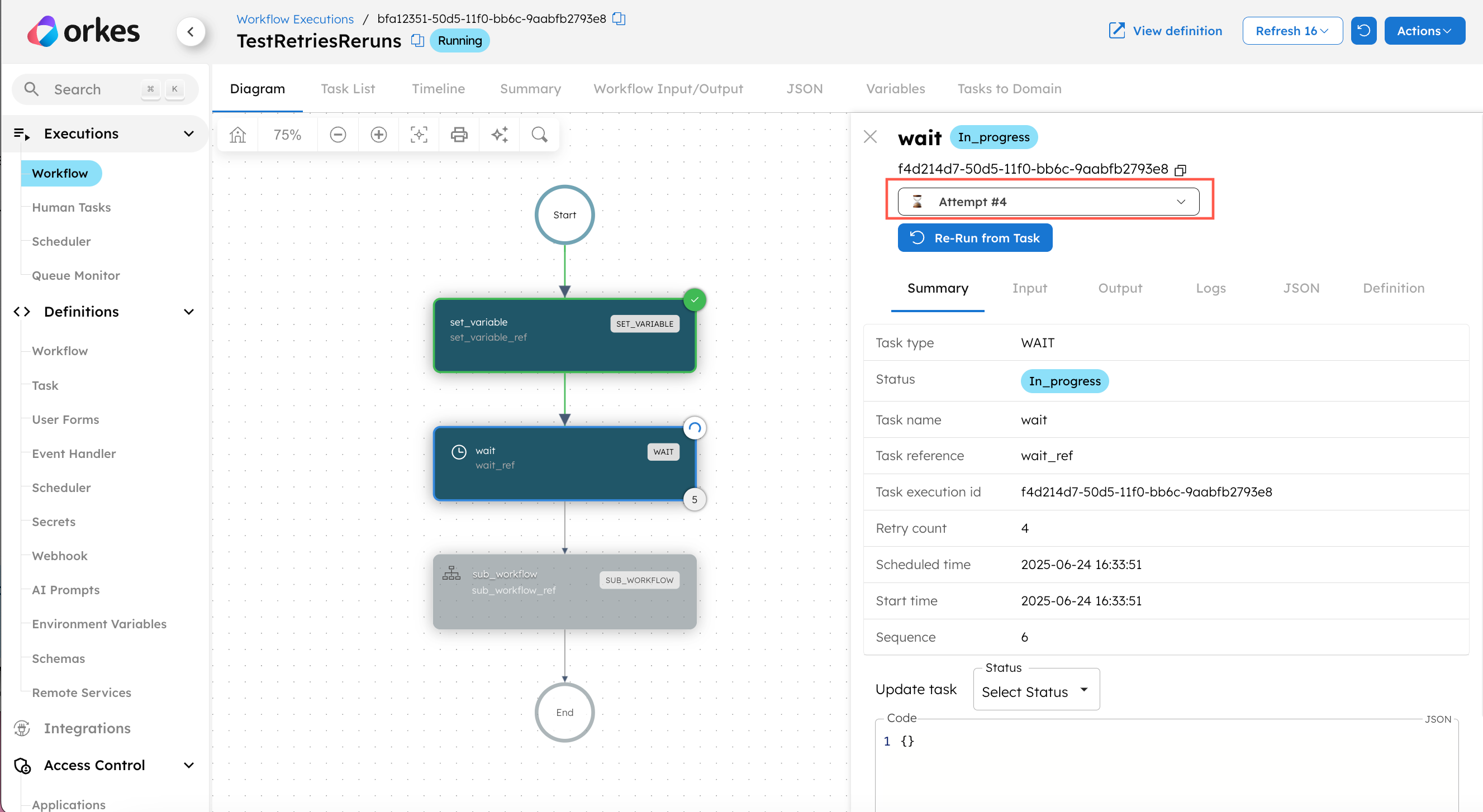Conductor UI showing task being retried