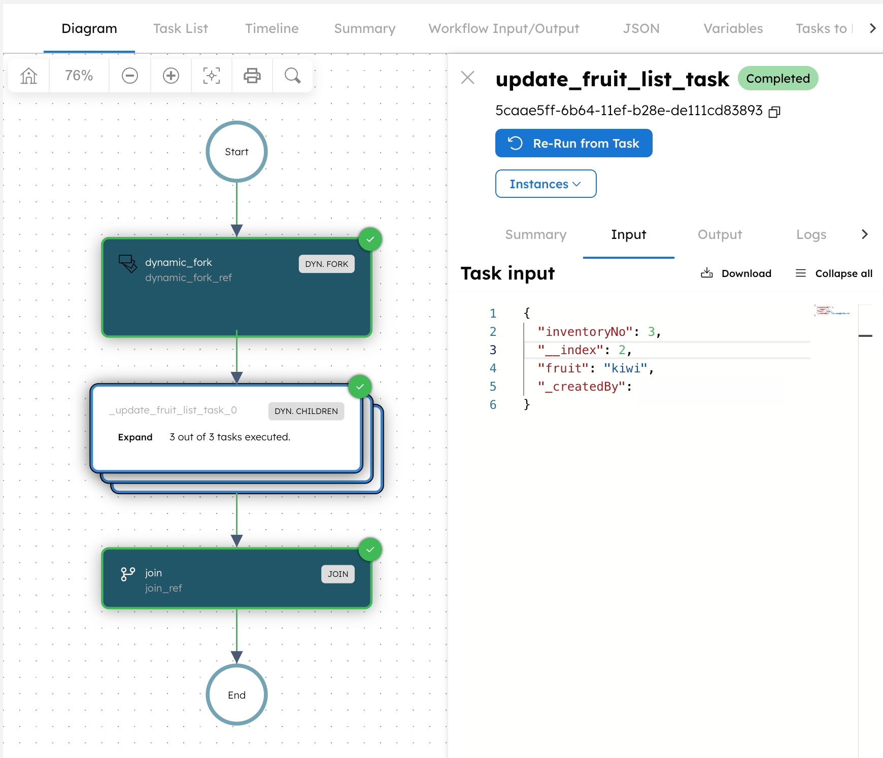 UI screenshot of one input instance for the Dynamic Fork task at run-time