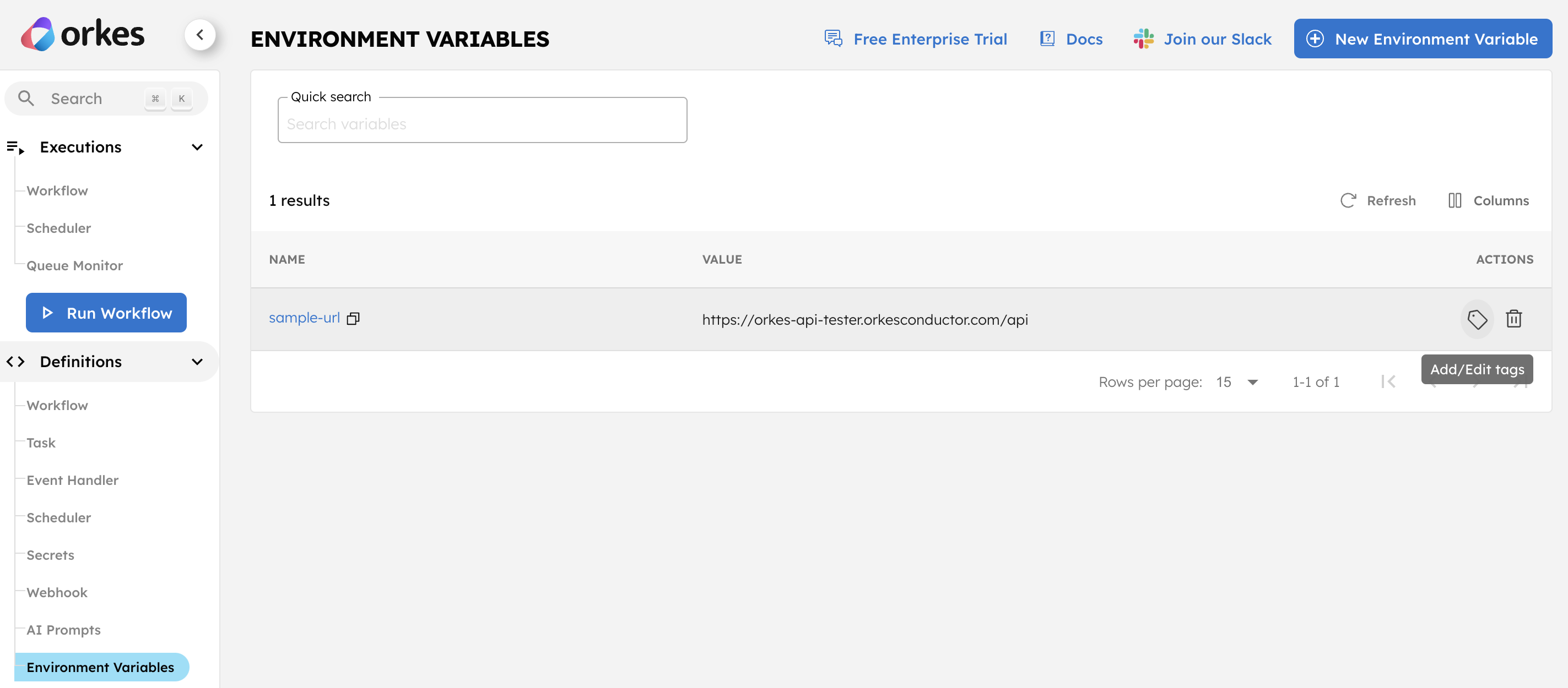 Adding tags to environment variable in Orkes Conductor