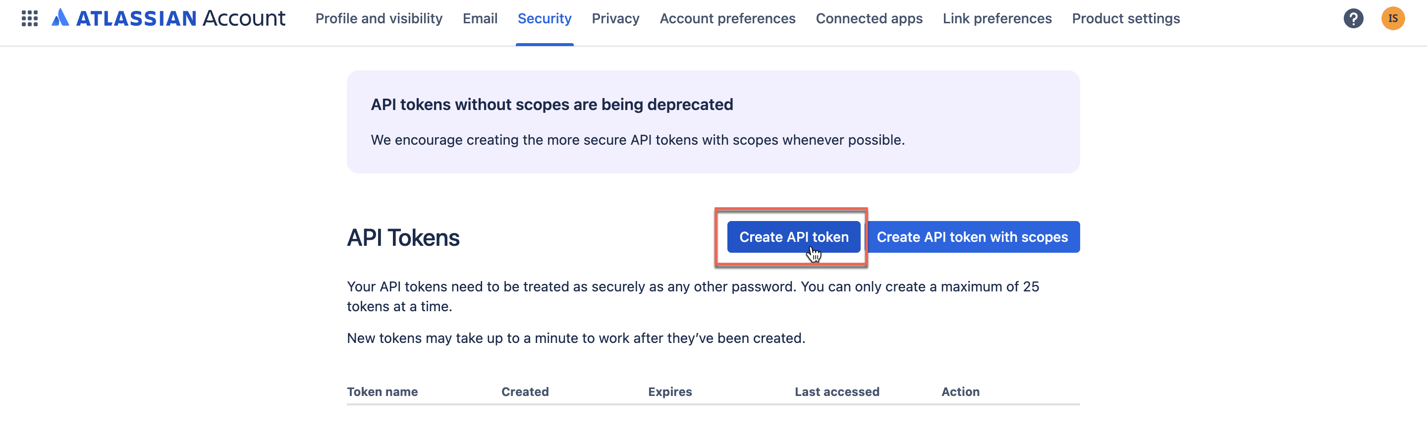 Creating API token from Atlassian account