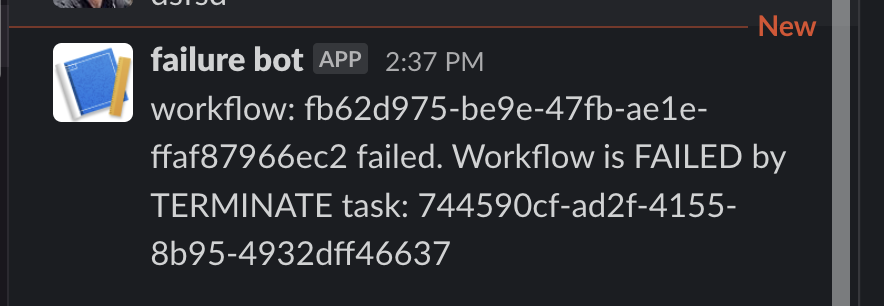 slack message indicating workflow failure