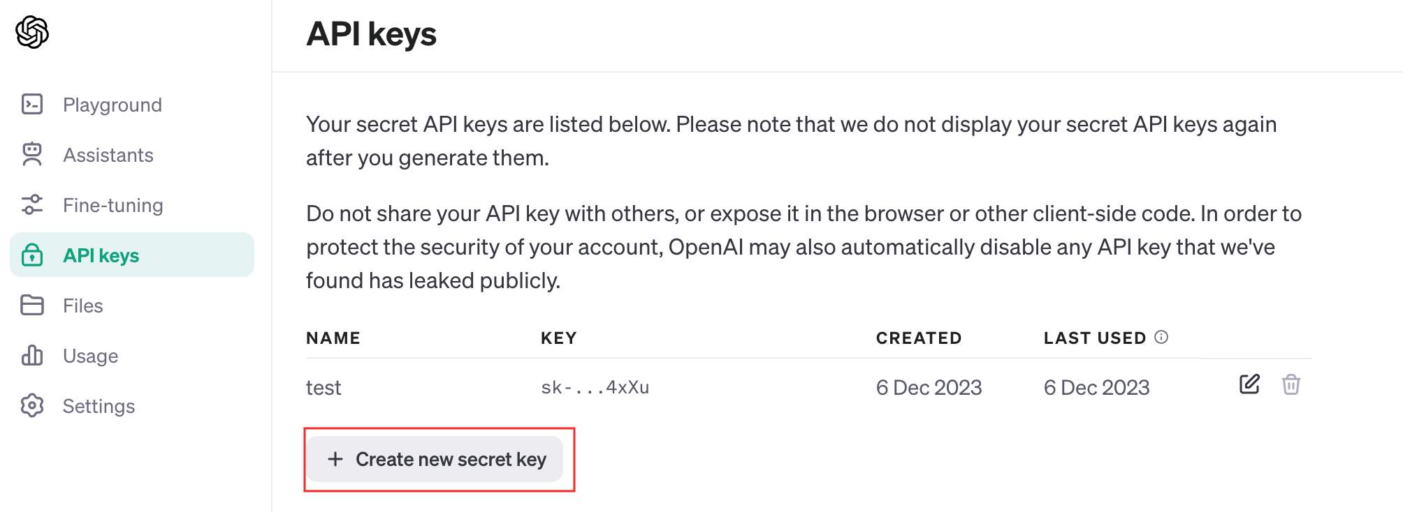 Create new API Keys in OpenAI API platform