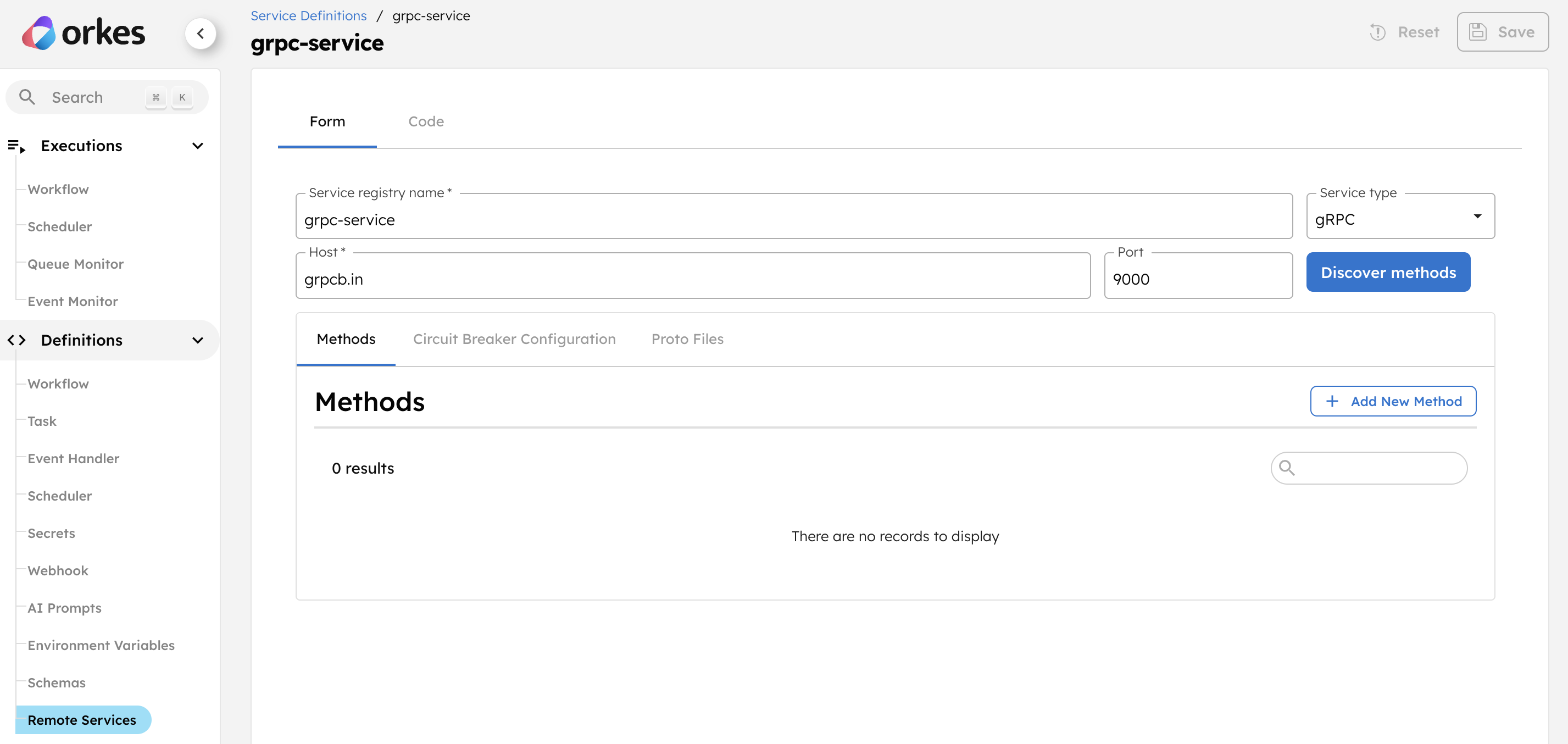 Creating sample service registry definition for gRPC services