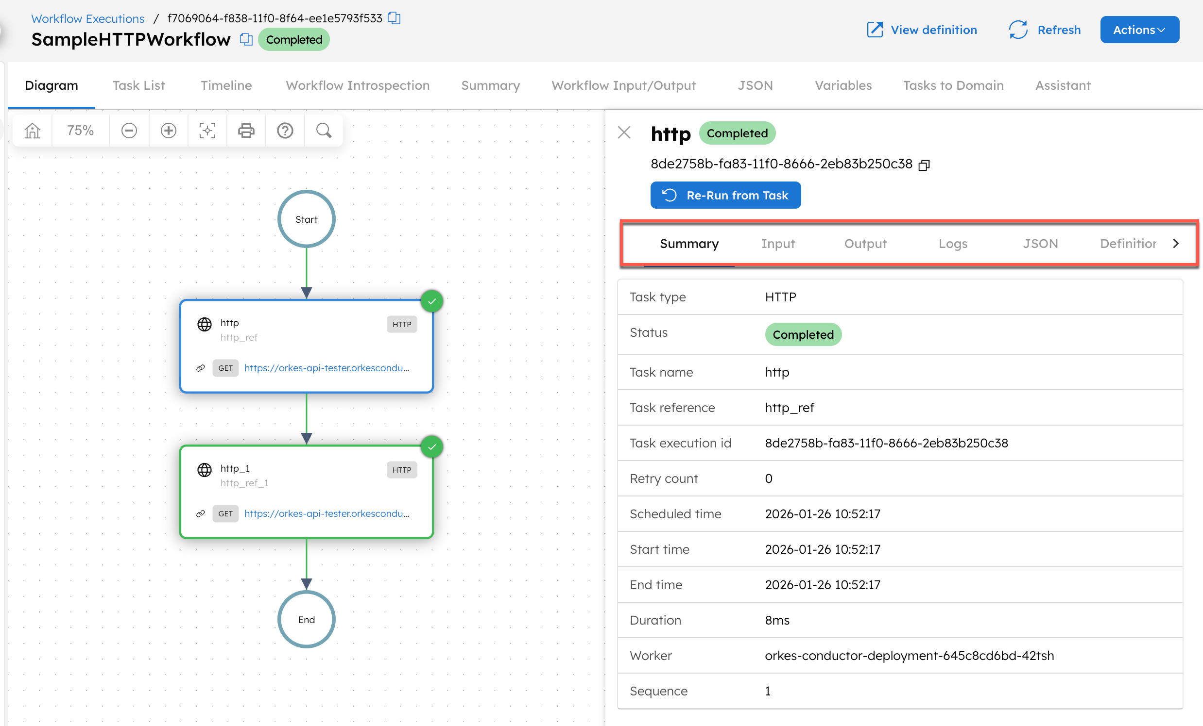 Sample Workflow Executions page, with the task tab details.