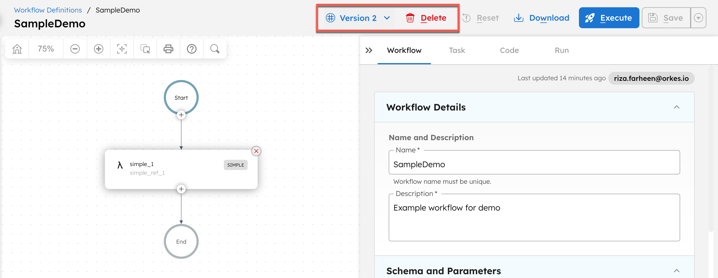 Screenshot of the Orkes Conductor UI, showing the Delete button in the visual workflow builder.