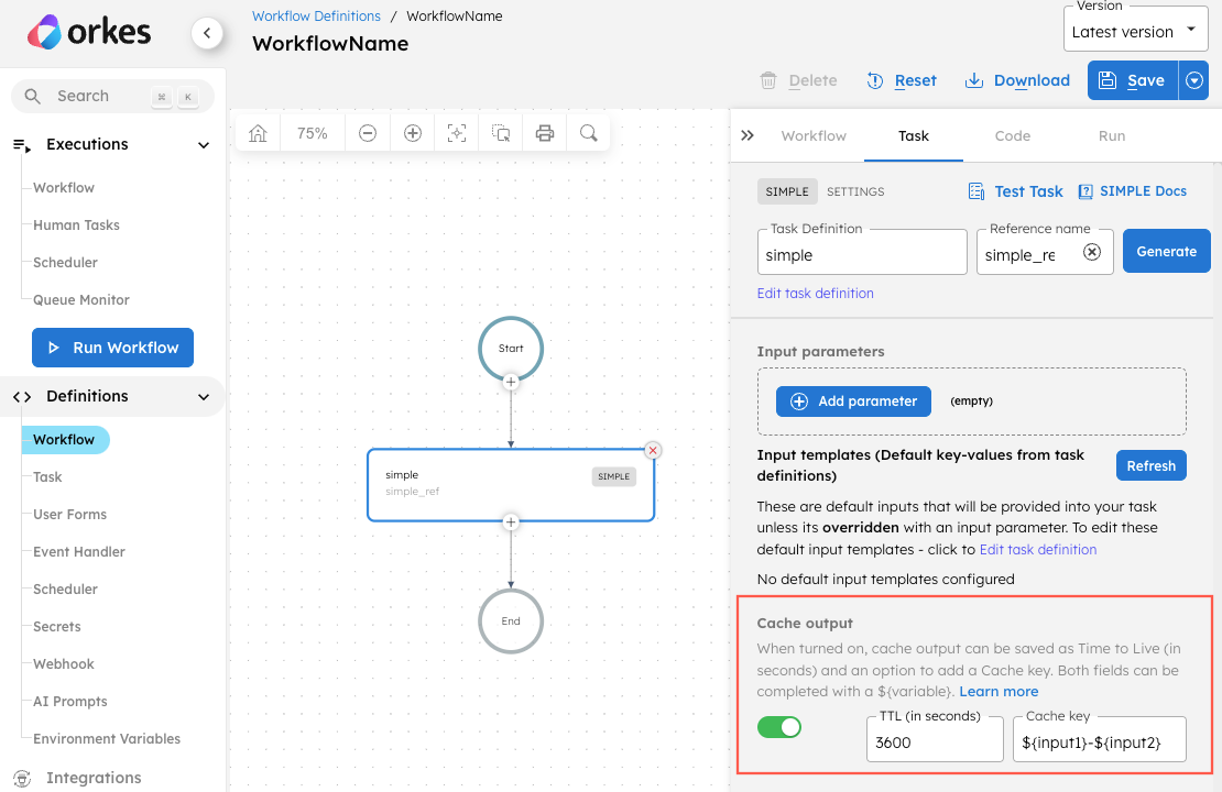 Configuring cache output in UI.