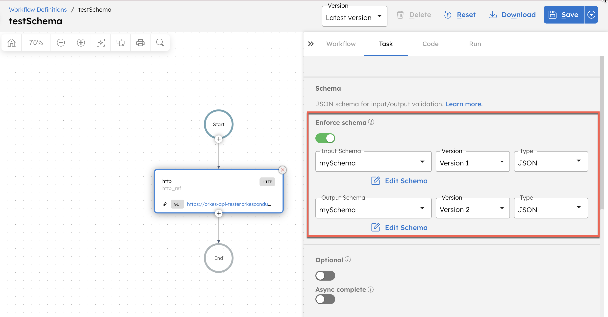 Screenshot of adding a schema to a task configuration in the workflow definition.