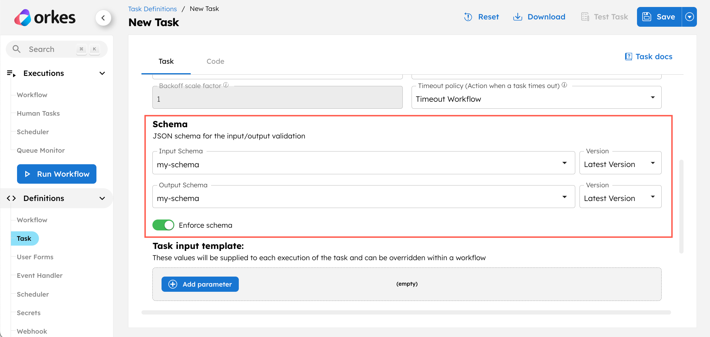 Screenshot of adding a schema to a task definition.