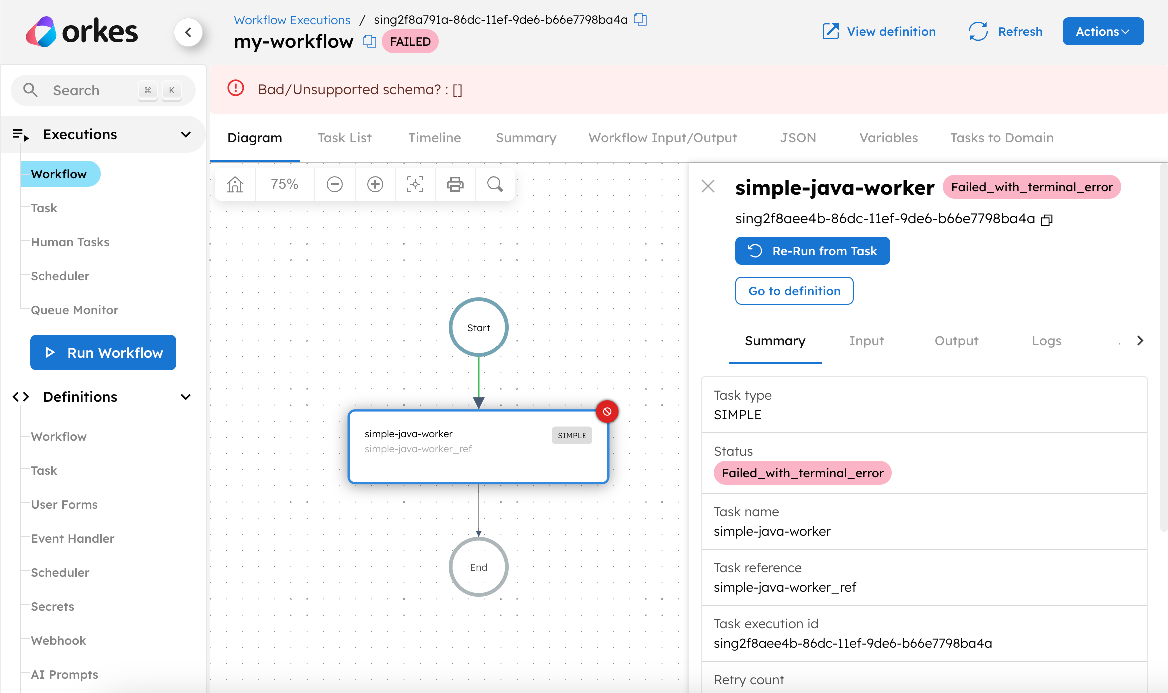 Screenshot of task failure due to invalid inputs or outputs.