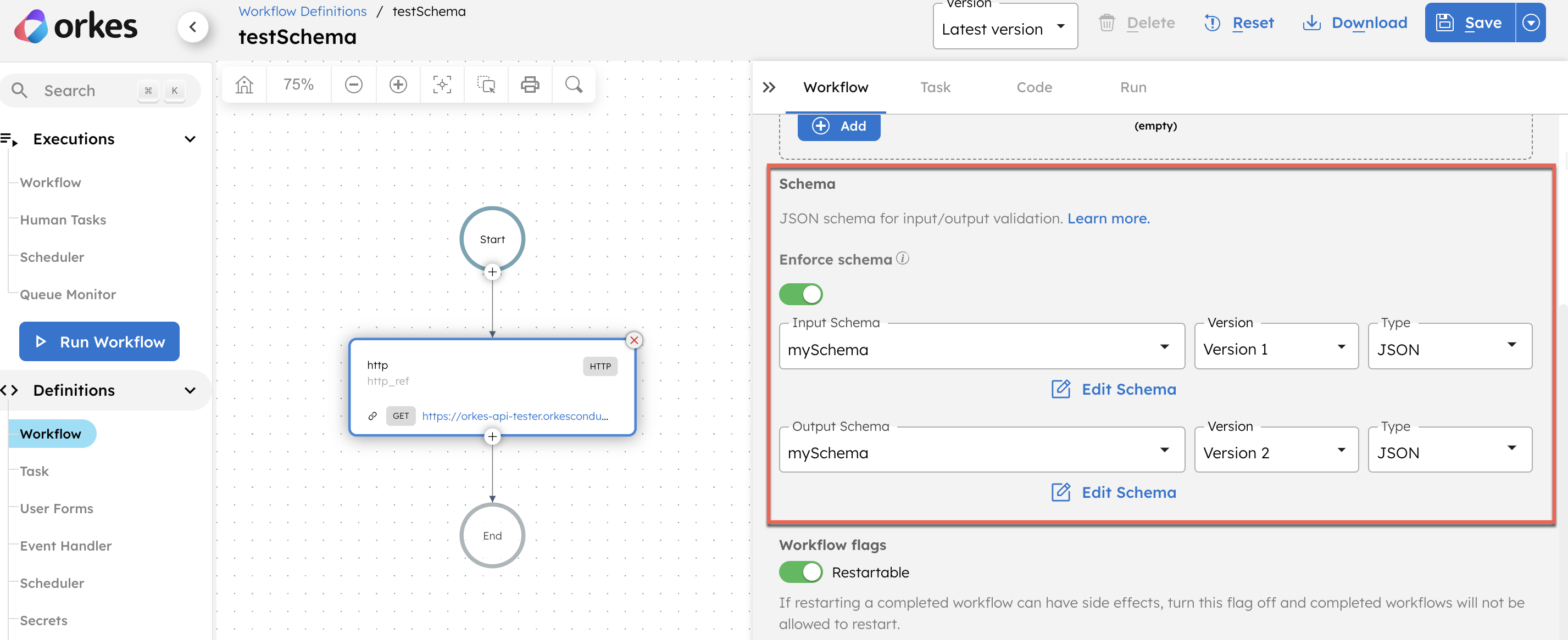 Screenshot of adding a schema to the workflow definition.