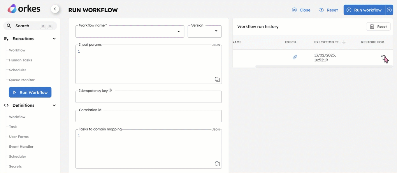 Restore a previous workflow execution configuration to run it again.