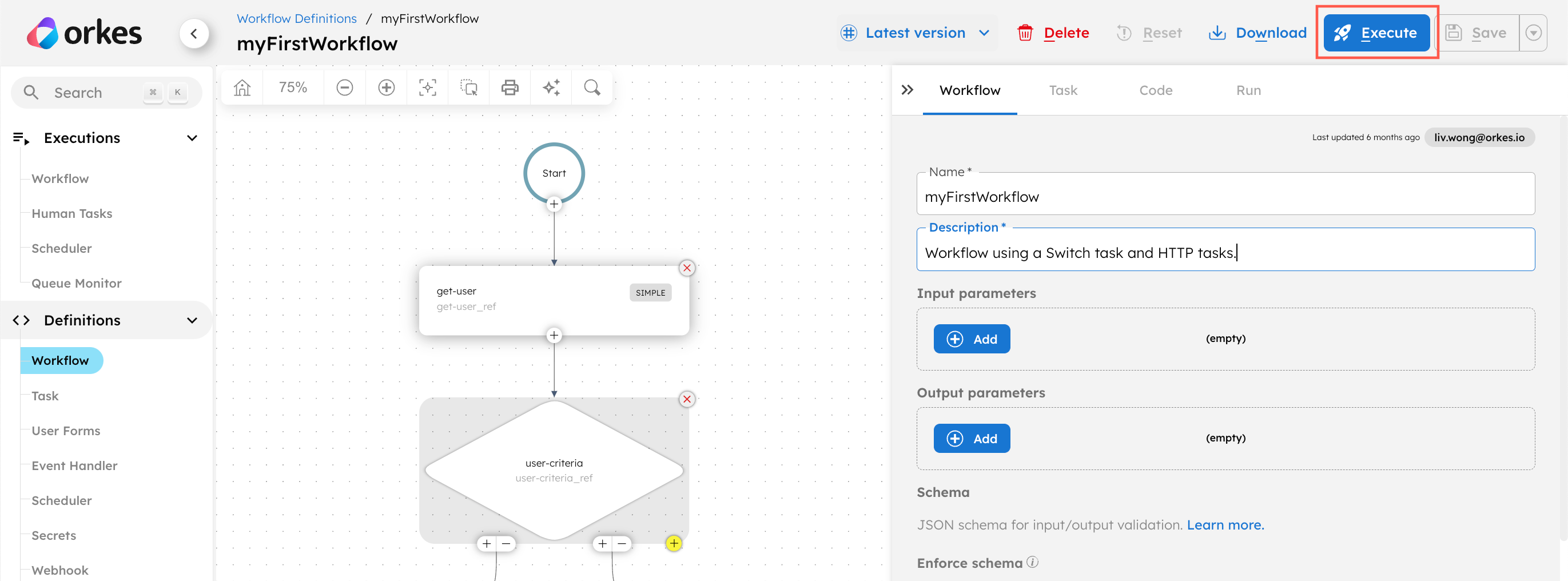 UI screen for after v5.1.2, with Execute button in a workflow definition’s visual diagram editor.