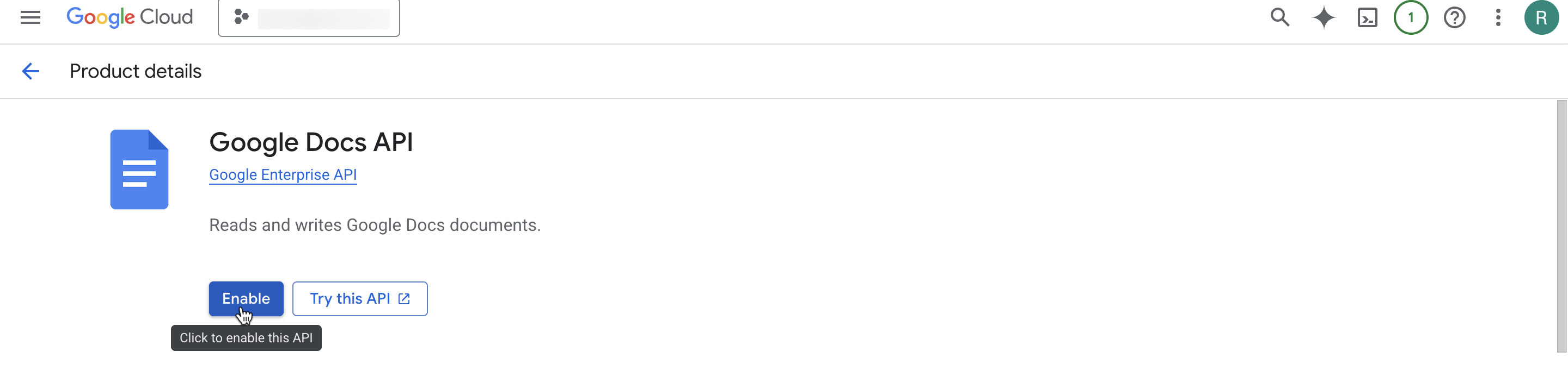 Enabling Google Docs API for GCP project