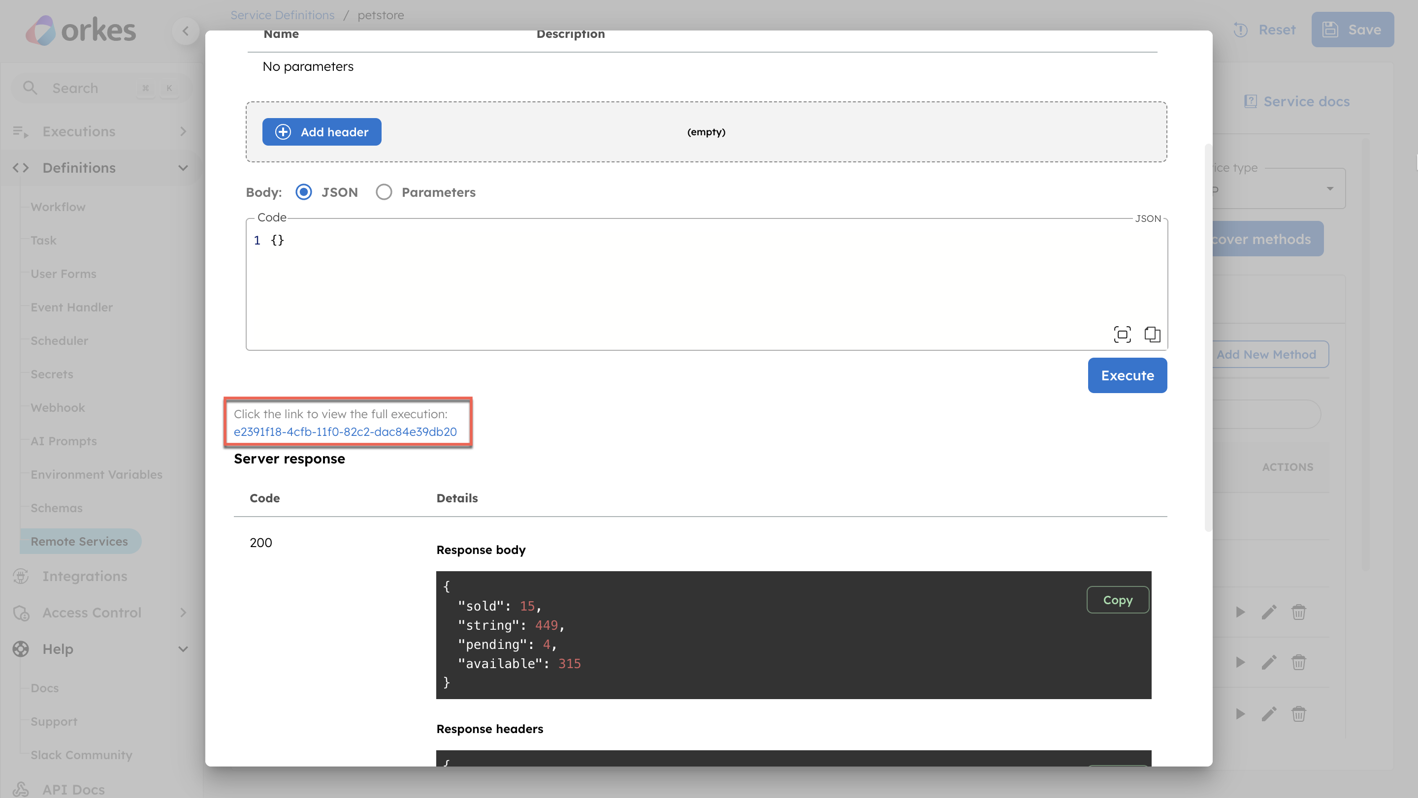 Interface for testing endpoints with sample workflow execution link
