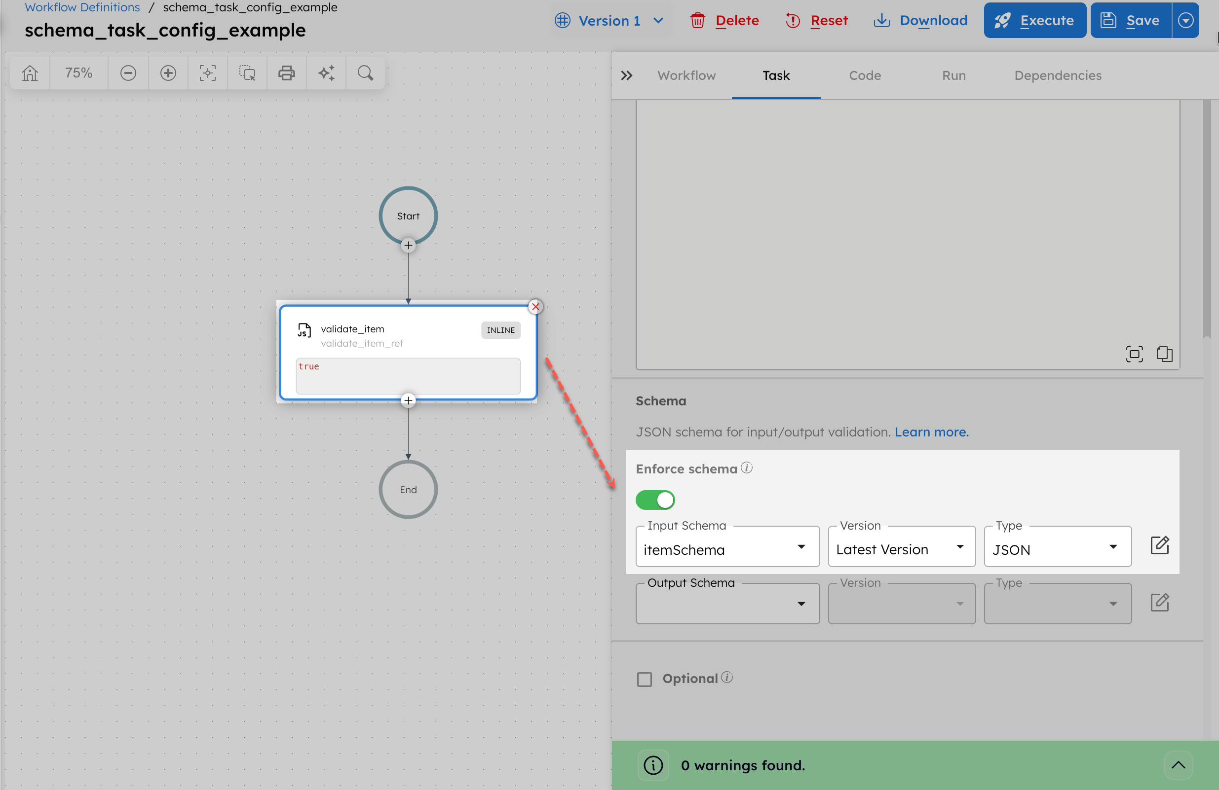 Enforcing schema validation to a task configuration