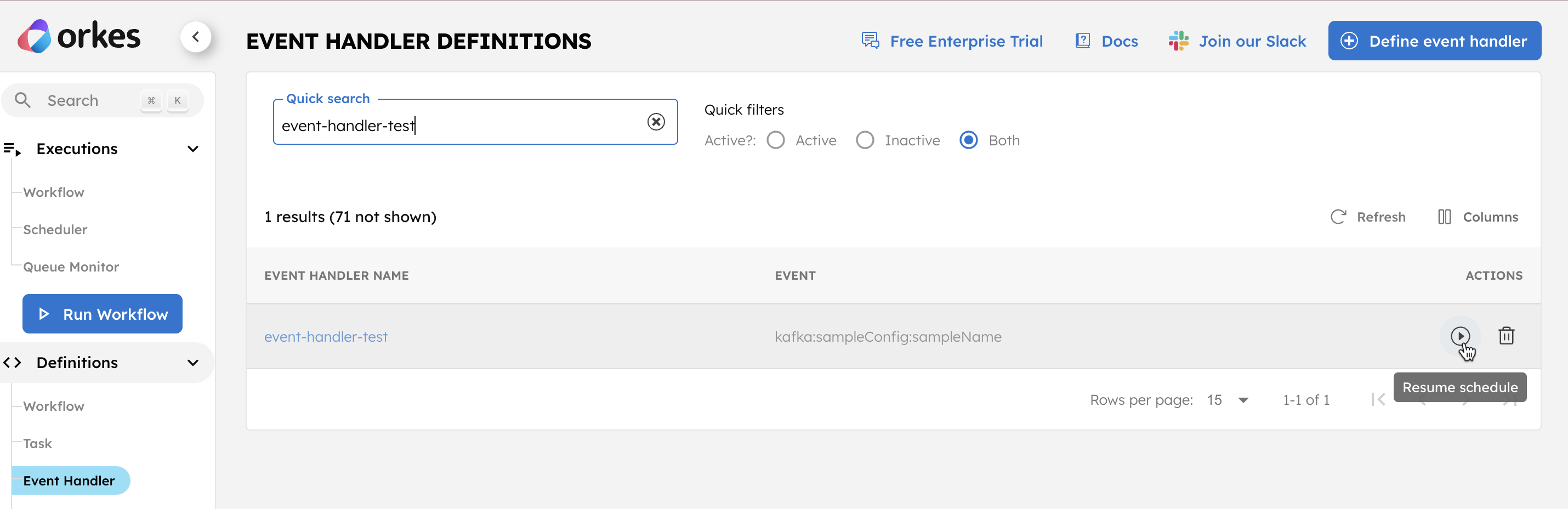 Creating and running an event handler definition