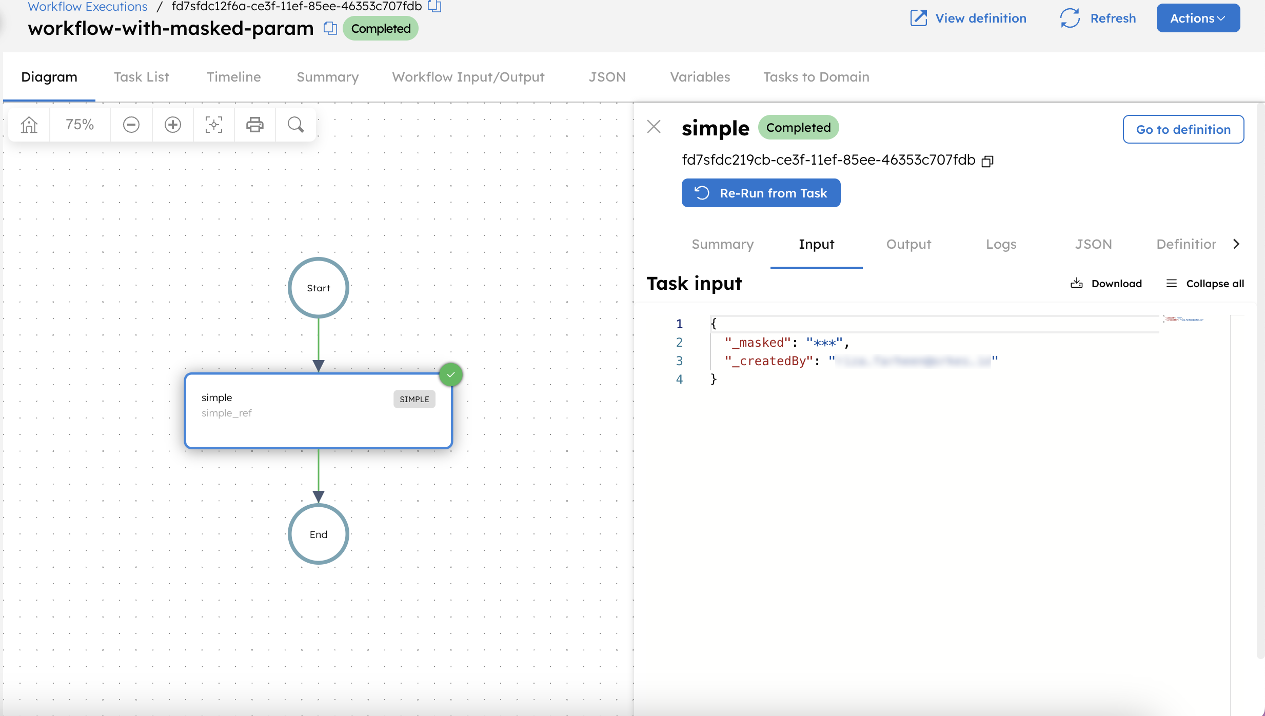 Sample workflow execution with masked parameter