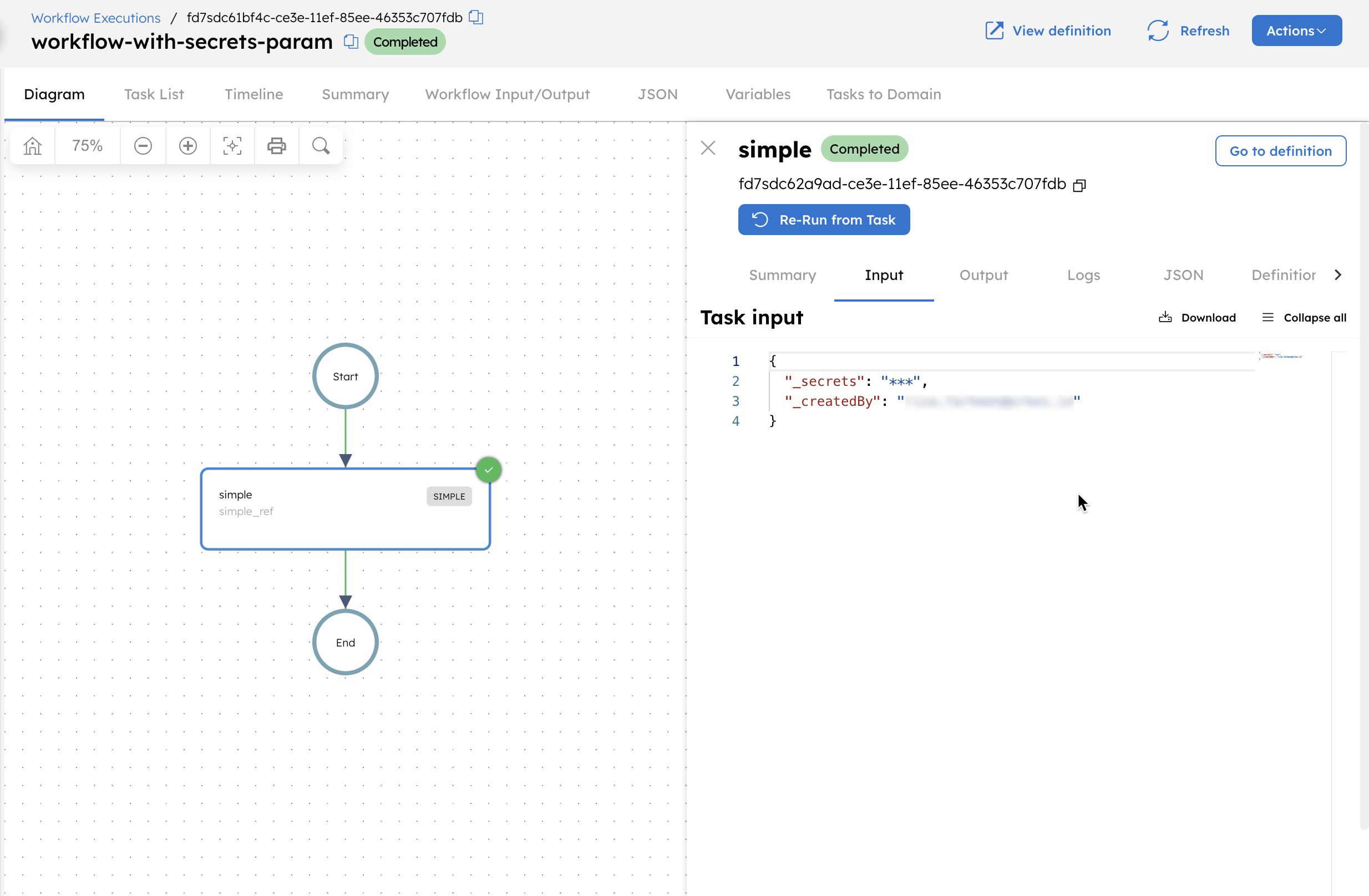 Sample workflow execution with secrets parameter