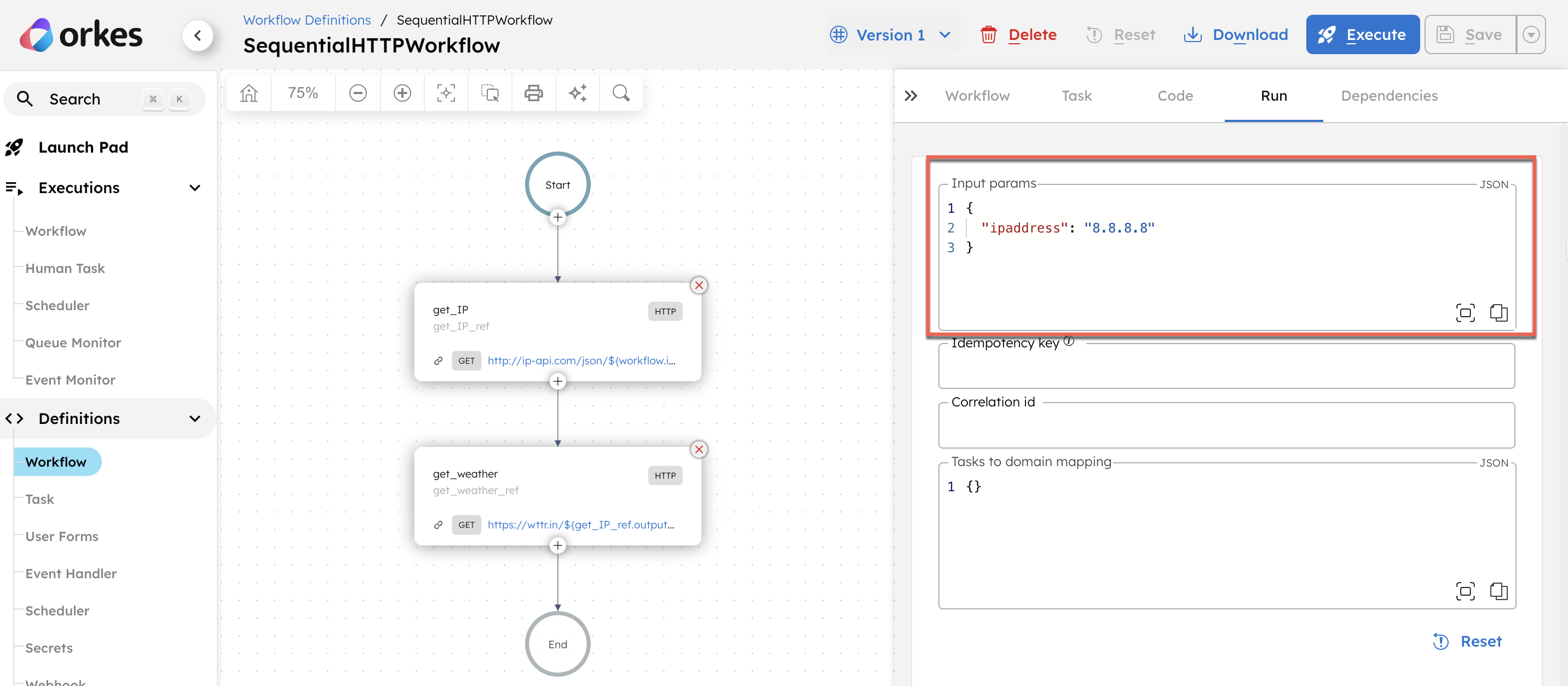 Configuring input parameters for executing the workflow