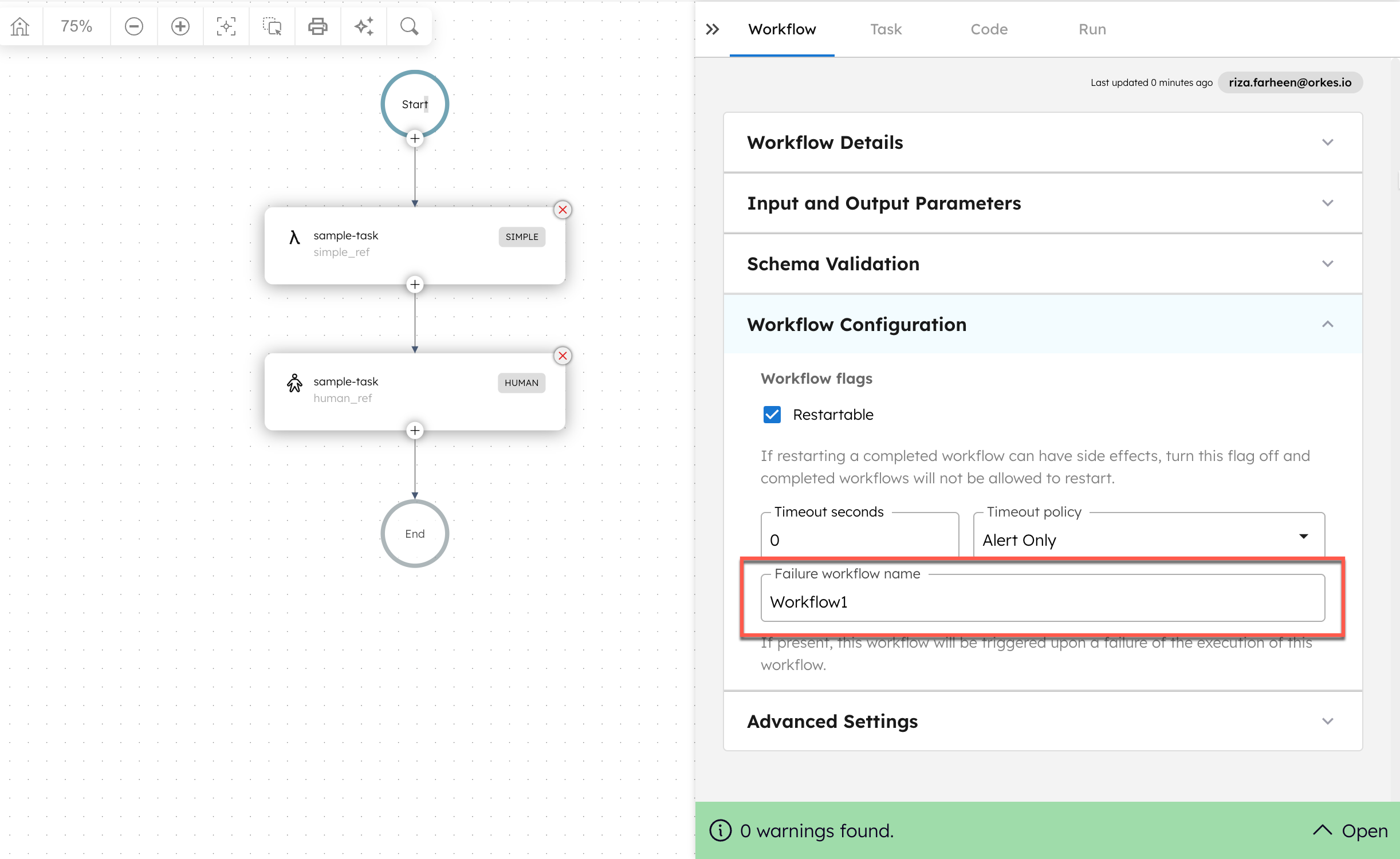 Configuring failure workflow in UI.