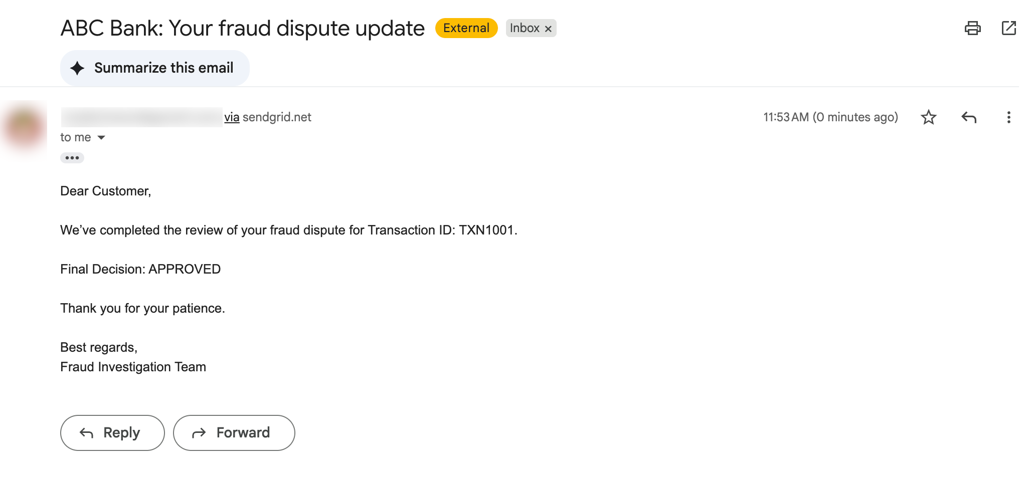Fraud dispute email received via SendGrid