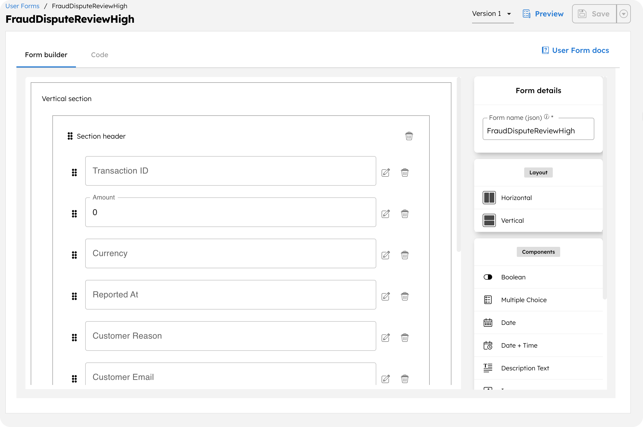 Fraud dispute reviewer form in Orkes Conductor