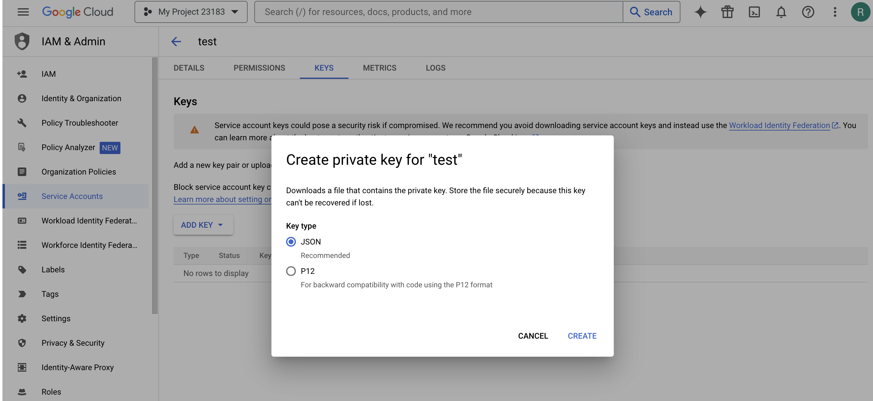 Get Service Account JSON key from Google Cloud Console