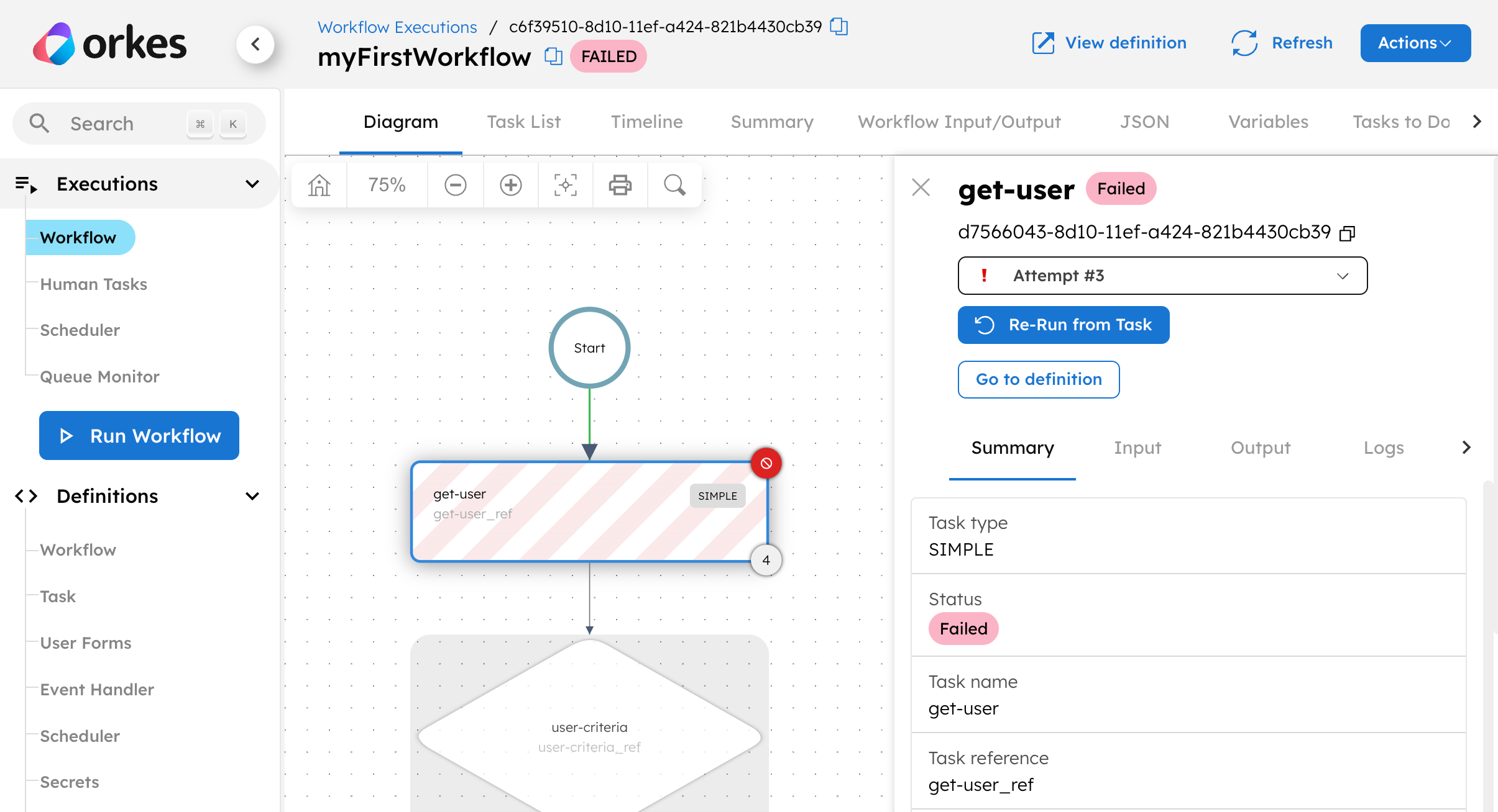 Screenshot of the workflow execution screen showing the failed task in red.