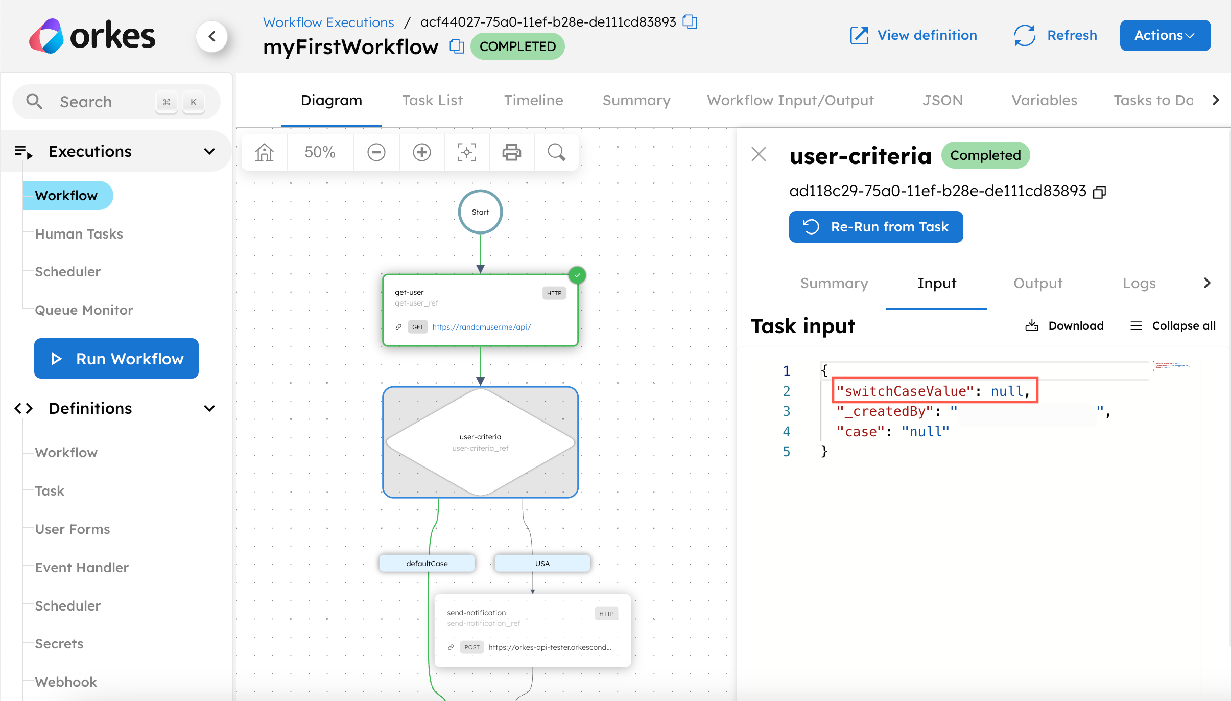 Screenshot of Task Input tab in the workflow execution screen.