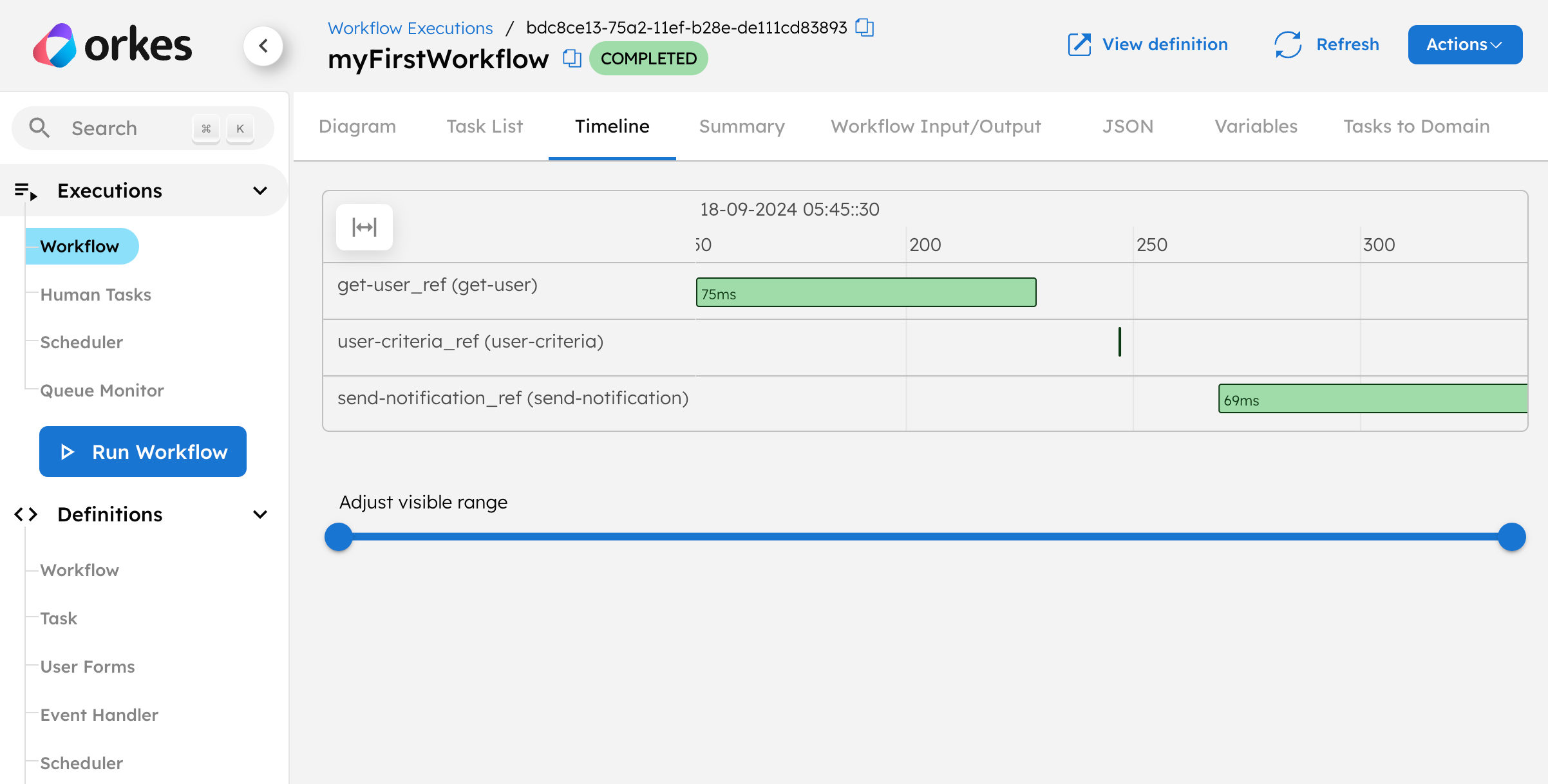 Screenshot of Timeline tab in the workflow execution screen.