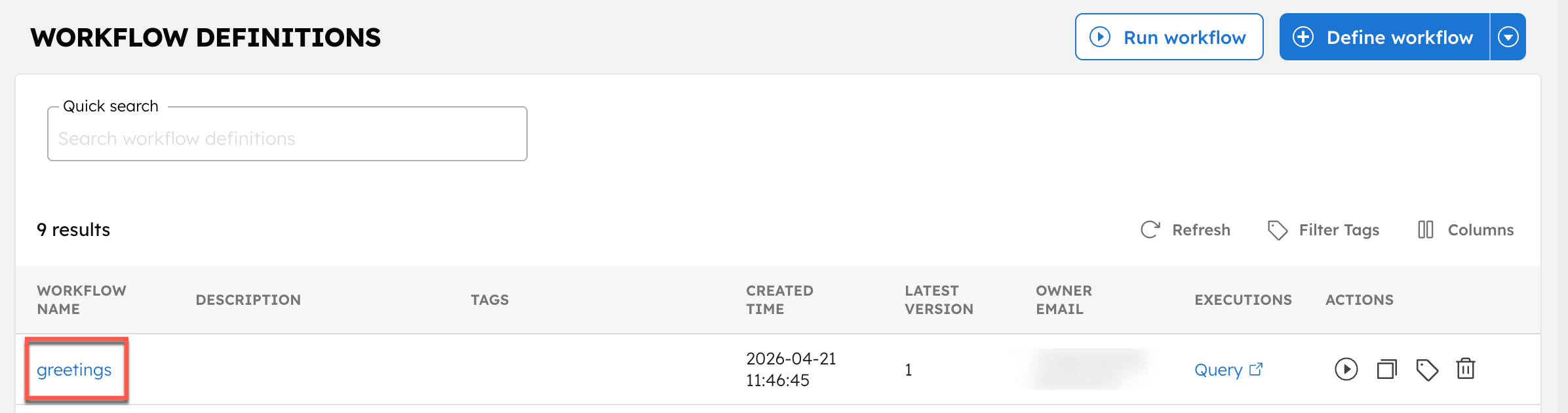 Greetings workflow created using JavaScript SDK