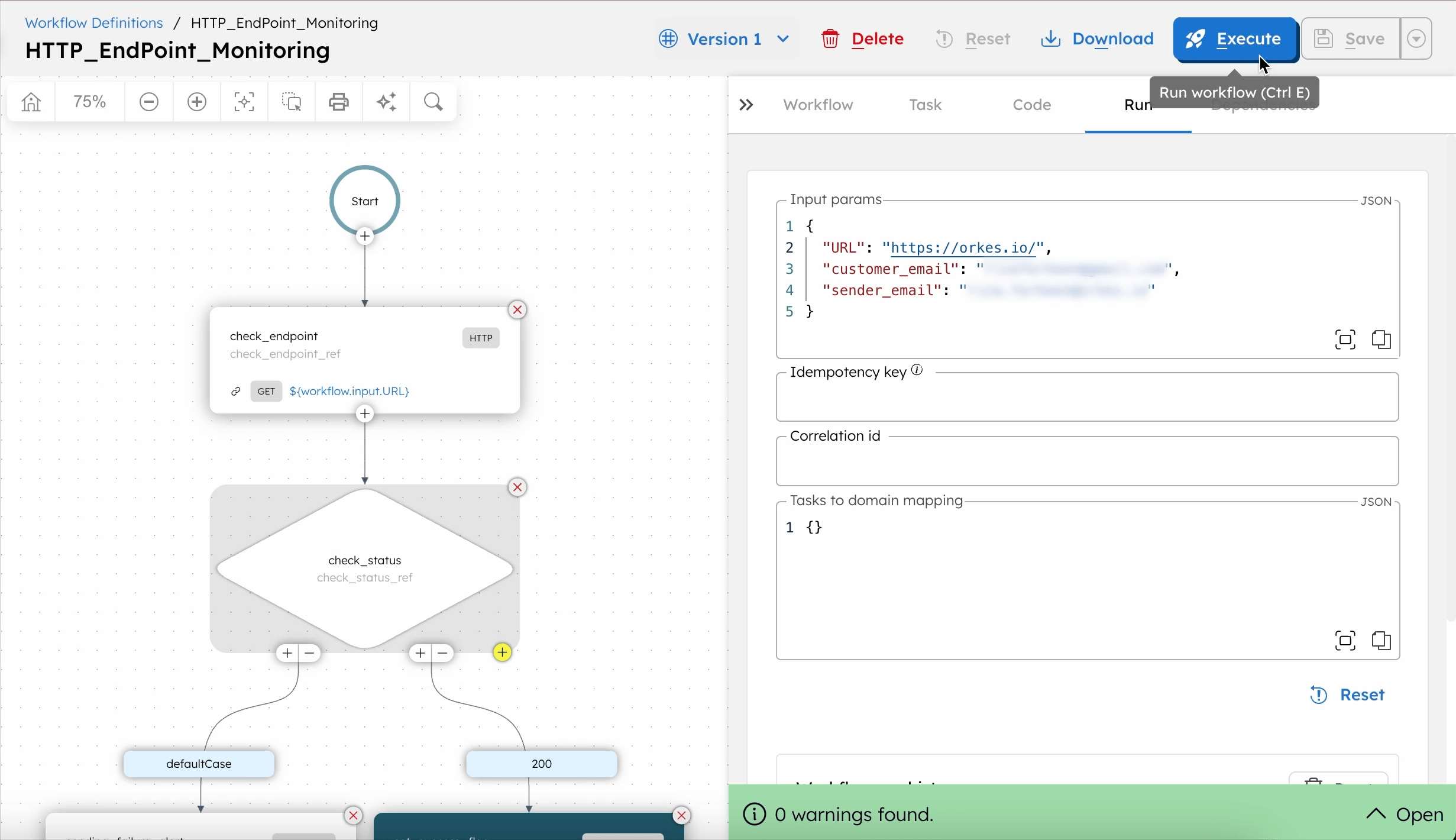 Sample execution for HTTP endpoint monitoring workflow