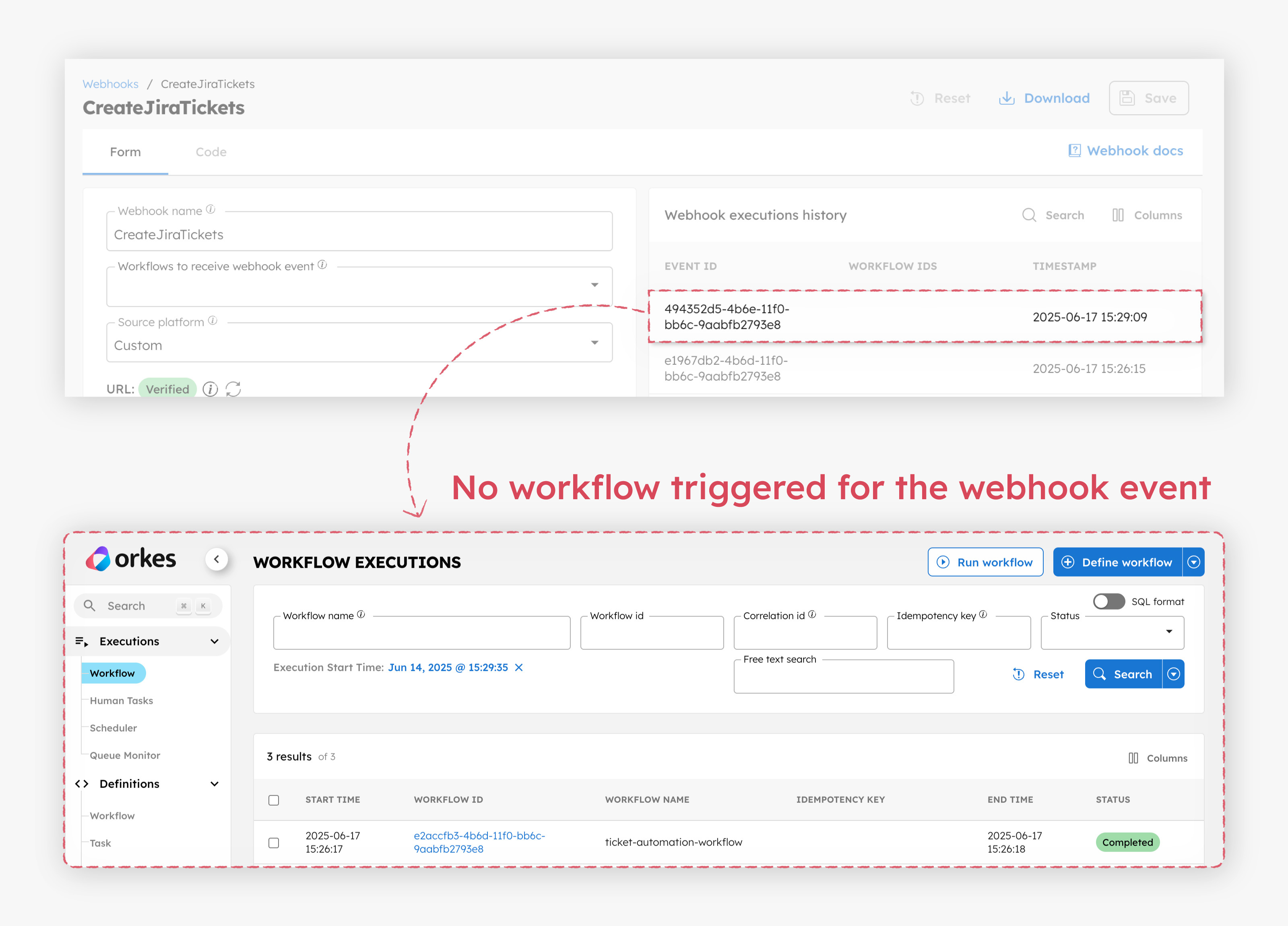 Idempotent behavior showing no workflow triggered for the same idempotency key event