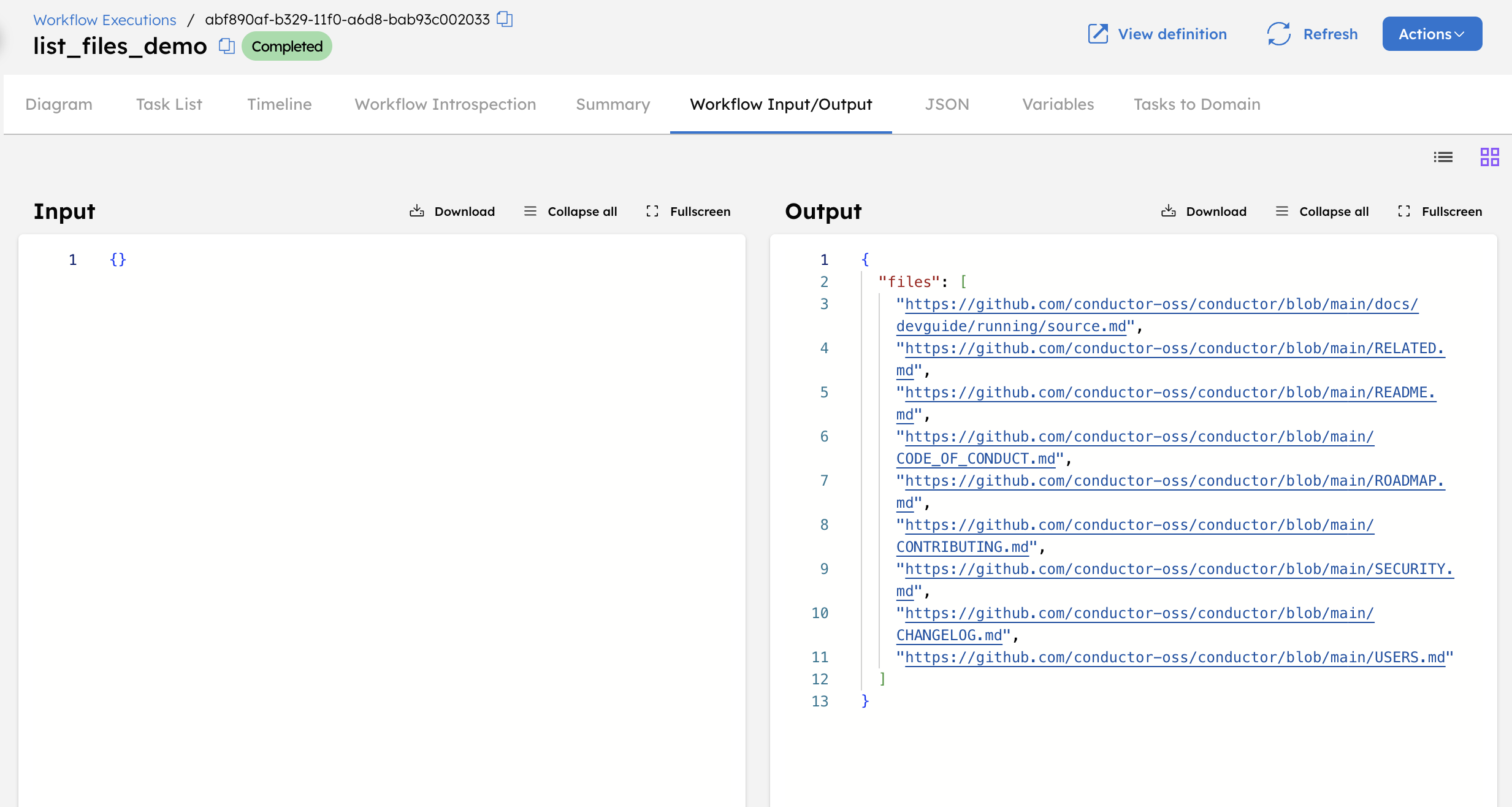 Output of the list files task