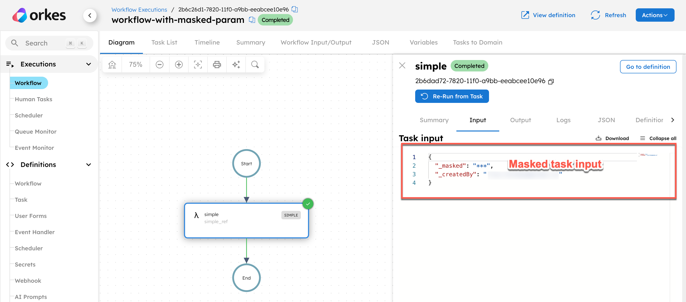 Masked task input using the masked parameter