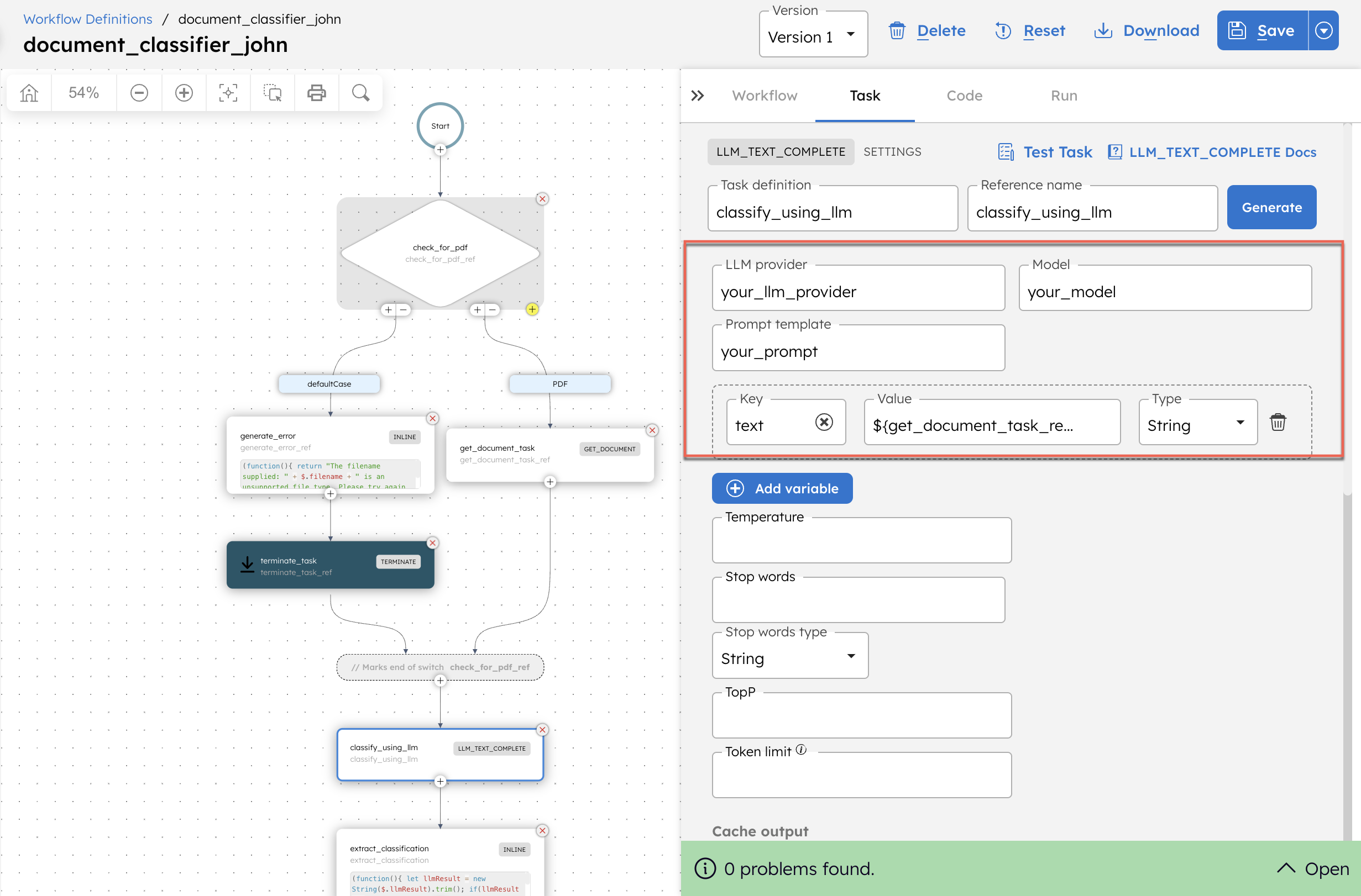 Modifying the workflow template with configured parameters