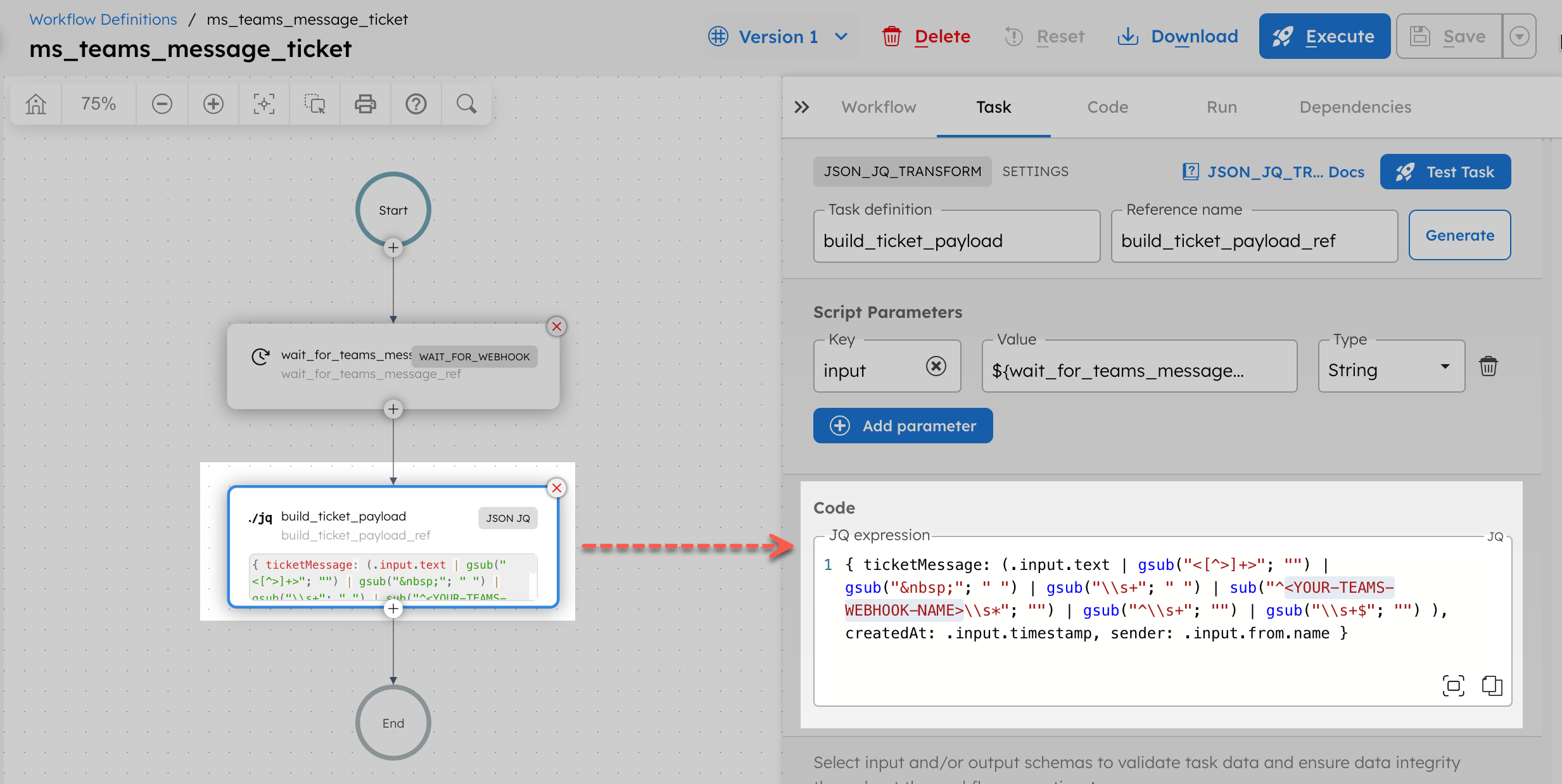 Modifying teams workflow with Teams webhook details