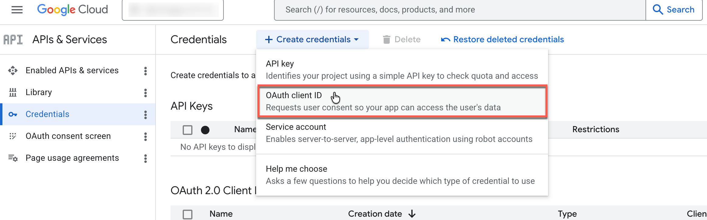 Getting OAuth Client credentials from Google Cloud Console.