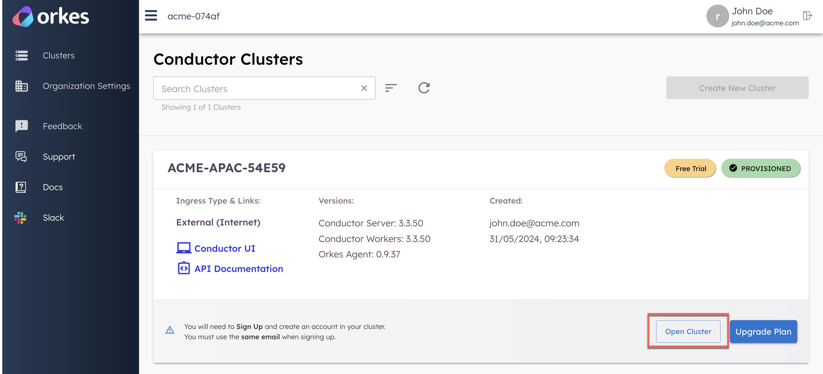 Open cluster option after provisioning