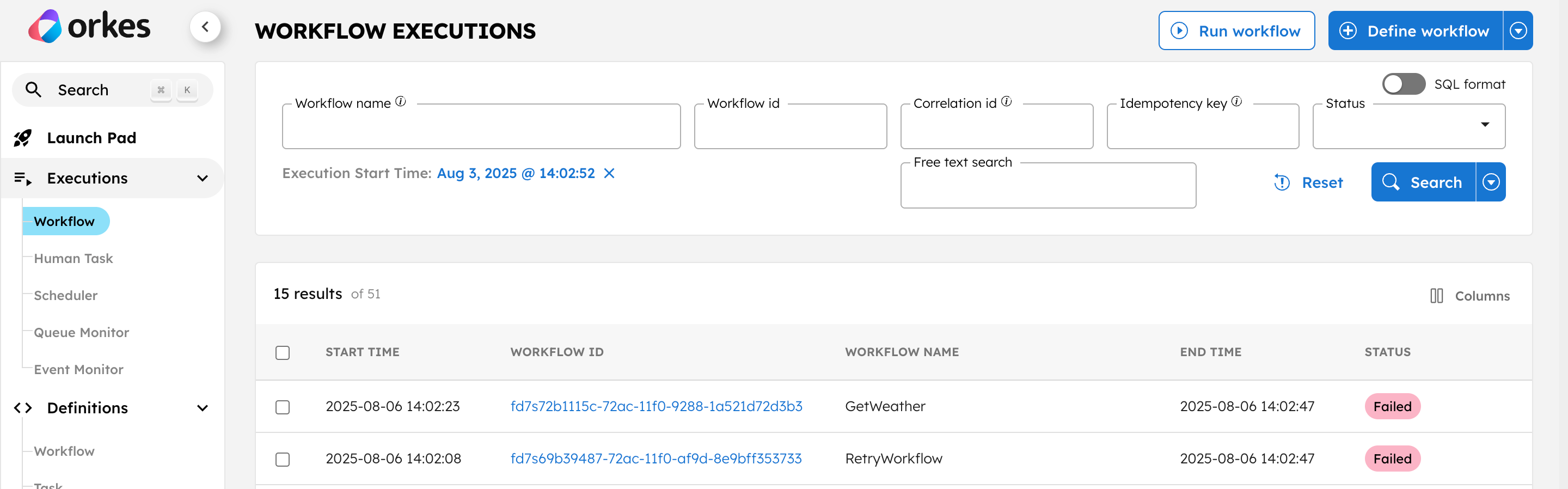 Both workflows in FAILED state.