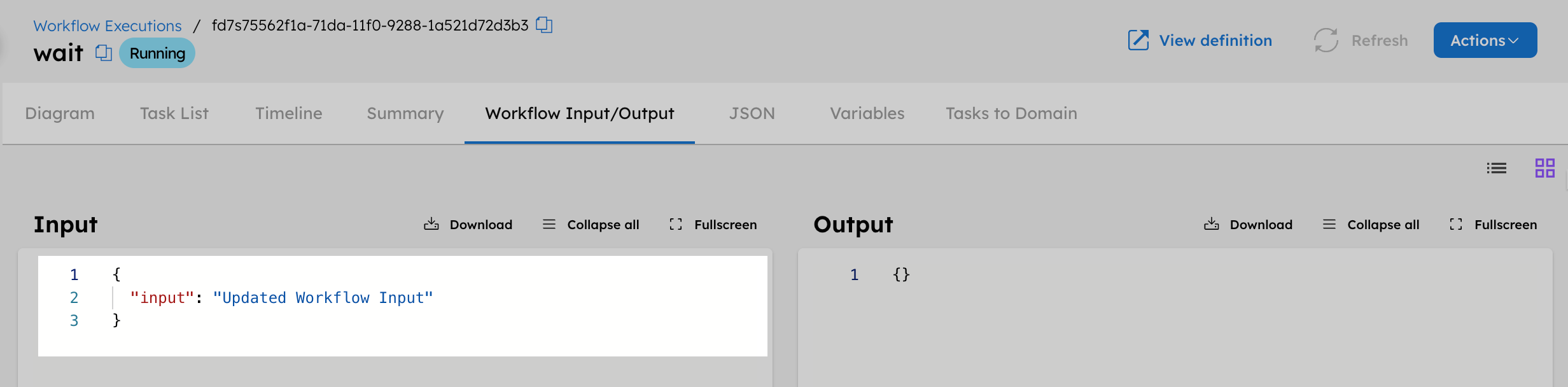 Conductor UI showing workflow in RUNNING state with the updated workflow input.