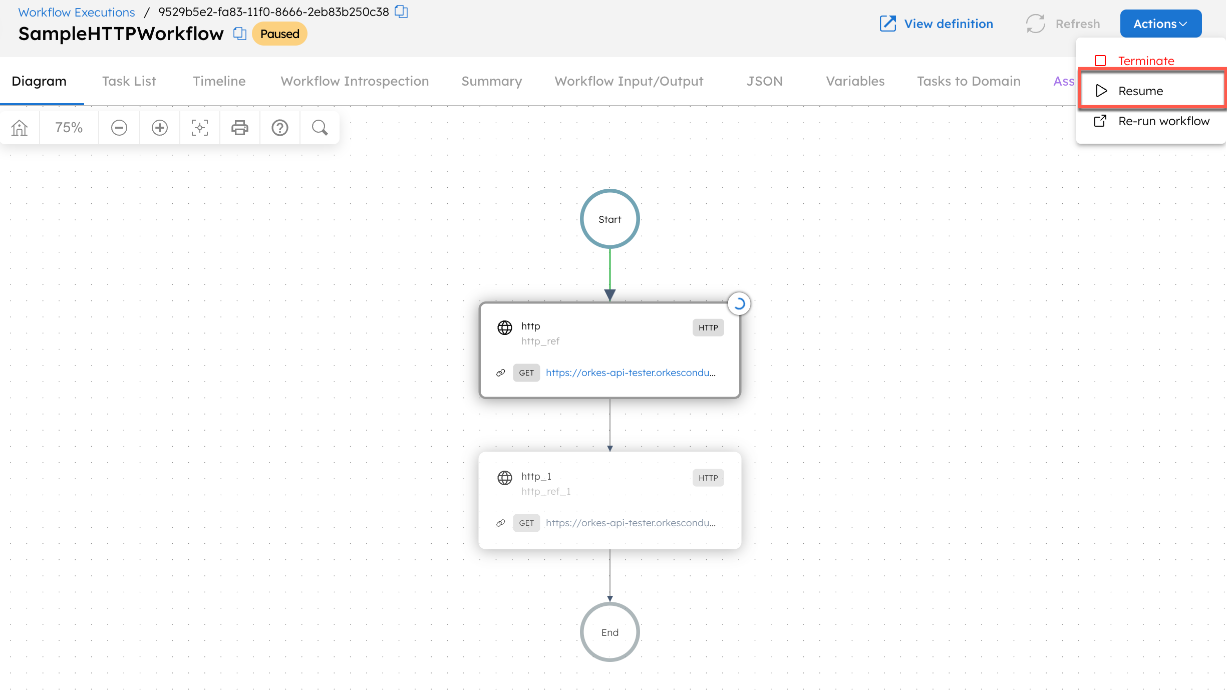Resuming workflows from UI
