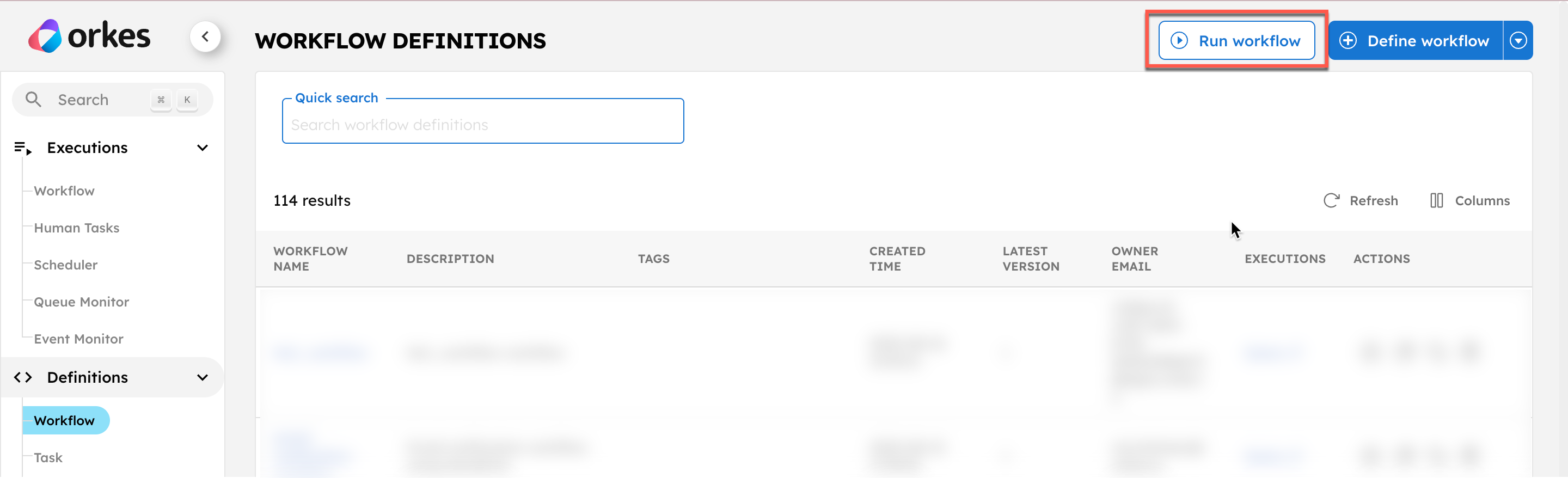 UI screen for Run Workflow in the top navigation menu in Executions > Workflow.