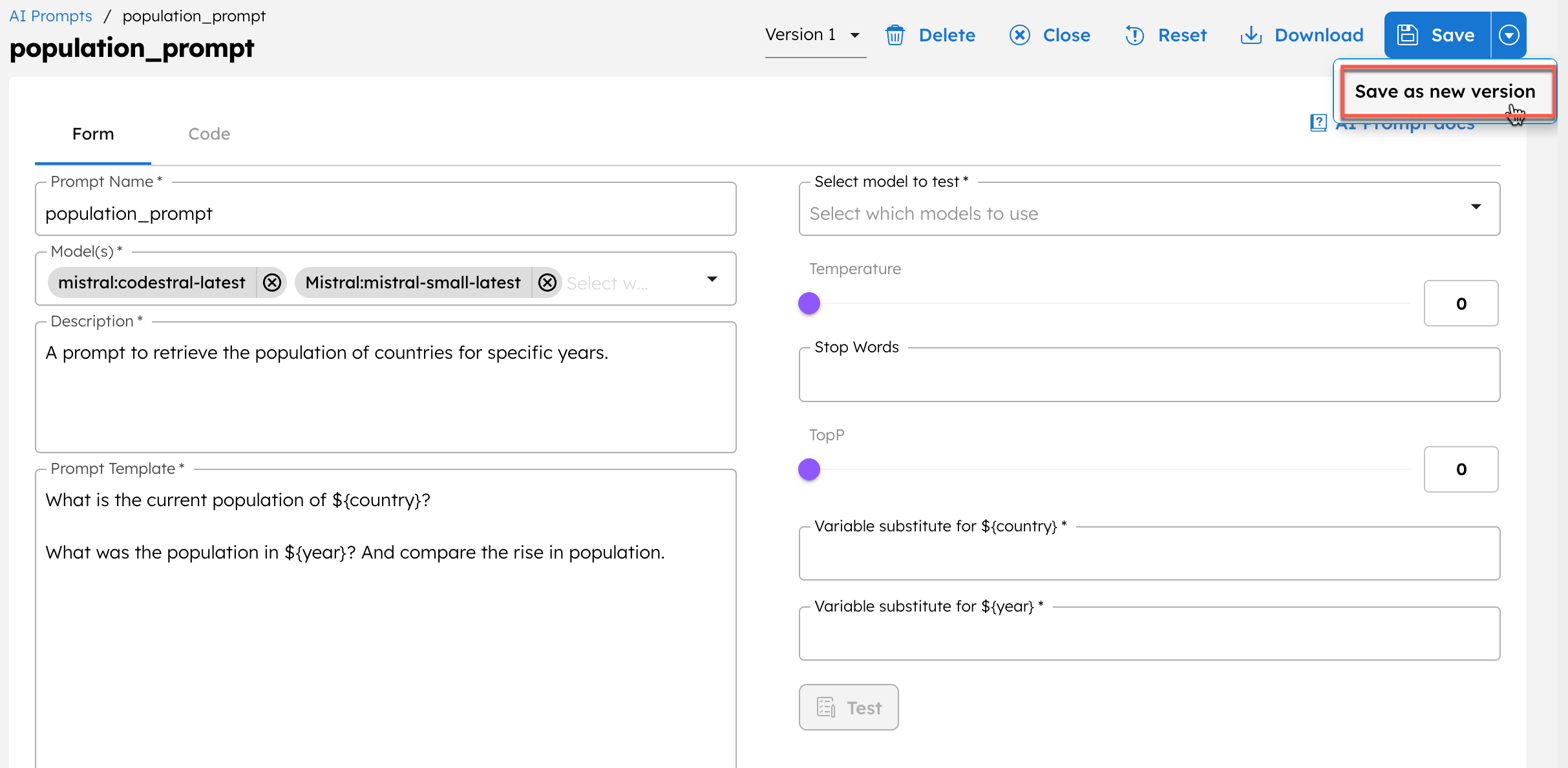 Saving an AI prompt as a new version in Orkes Conductor